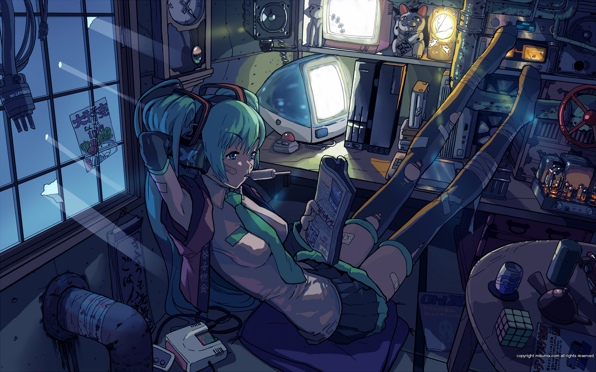 yasumori zen, hatsune miku, mikumix, vocaloid, highres, 1girl, aqua eyes, aqua hair, bandages, bandaid, breasts, clock, computer, detached sleeves, female focus, food, game console, headphones, indoors, long hair, magazine (object), necktie, pc engine, popsicle, rubik's cube, sitting, skirt, slice of life, solo, speaker, thighhighs, torn clothes, twintails, zettai ryouiki