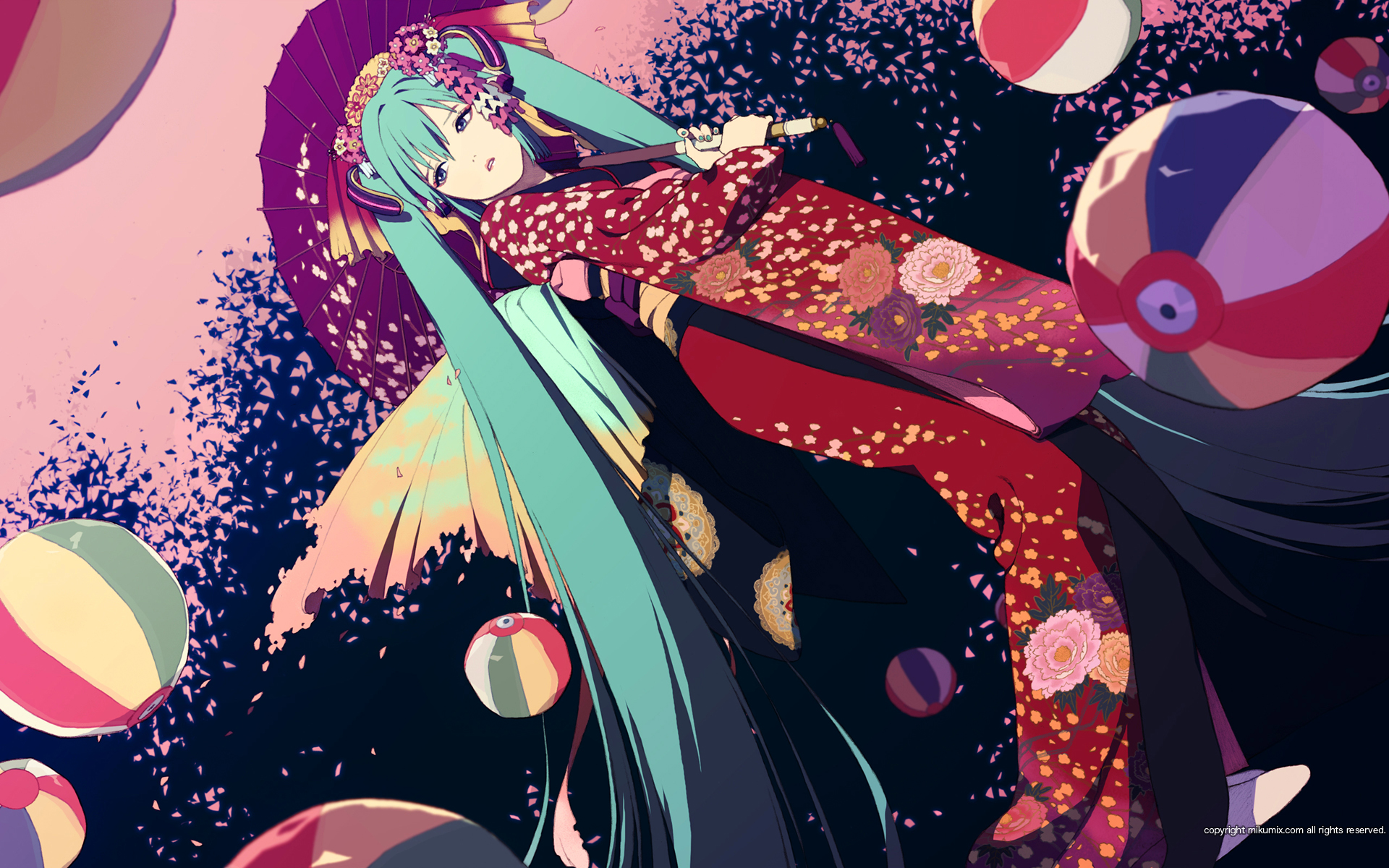 honya lala, hatsune miku, mikumix, vocaloid, highres, 1girl, aqua eyes, aqua hair, balloon, copyright notice, dutch angle, female focus, flower, hair ornament, japanese clothes, kanzashi, kimono, long hair, oil-paper umbrella, petals, solo, twintails, umbrella, very long hair