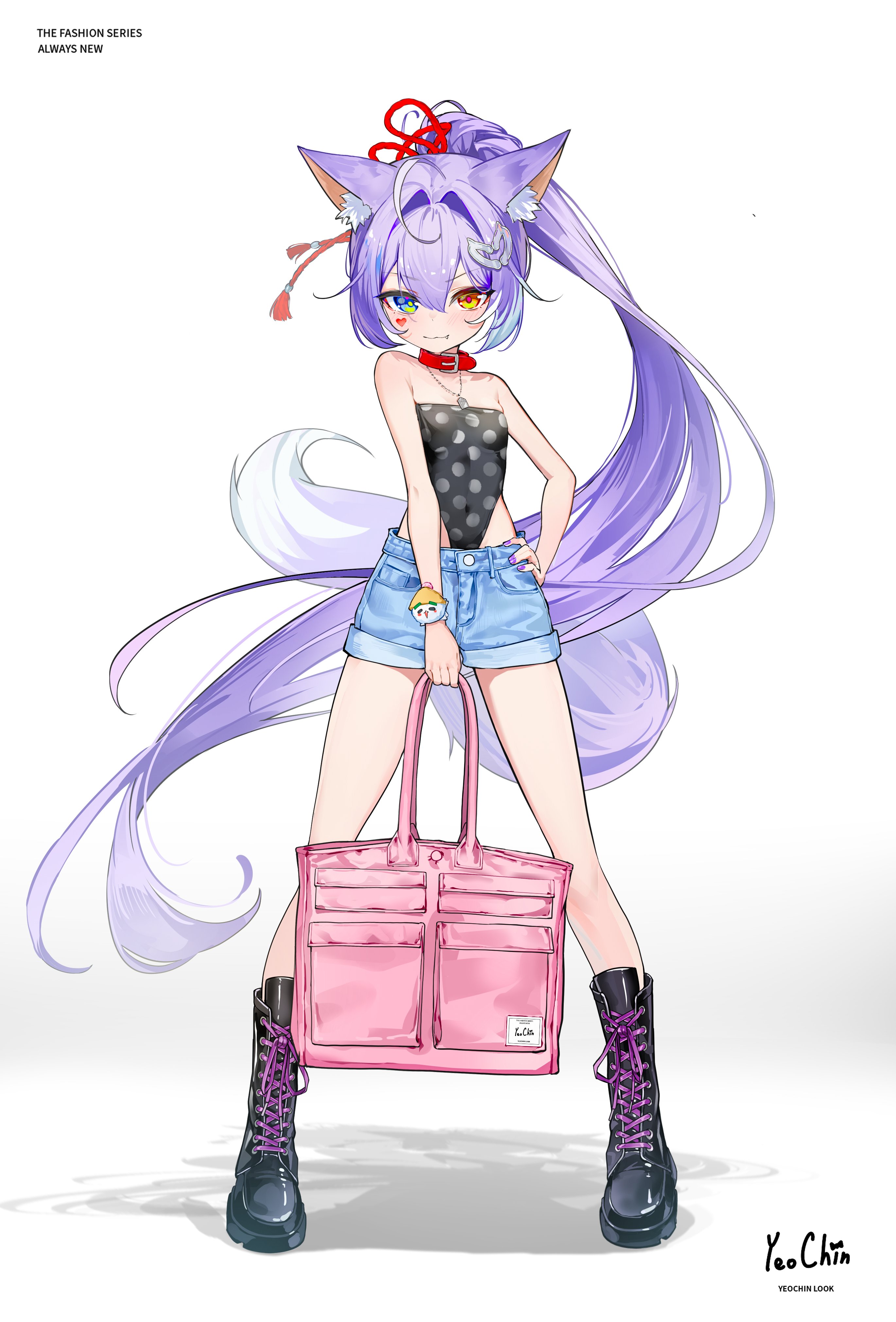 firehippo, tenko shibuki, stellive, absurdres, commentary request, highres, korean commentary, 1girl, ahoge, animal collar, animal ears, arm at side, bag, black shirt, blue eyes, closed mouth, collar, covered navel, cure black pose, denim, denim shorts, fingernails, floating hair, fox ears, fox girl, fox tail, full body, hair ears, hair ornament, hand on own hip, heart, heart hair ornament, heart sticker, heterochromia, holding, holding bag, legs apart, long hair, multicolored eyes, nail polish, pink bag, pink pupils, polka dot, polka dot shirt, ponytail, purple hair, purple nails, red collar, shadow, shirt, short shorts, shorts, simple background, solo, standing, sticker, sticker on face, strapless, strapless shirt, tail, very long hair, virtual youtuber, white background, yellow eyes, yellow pupils