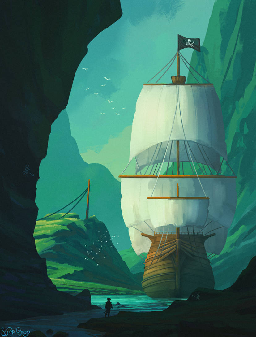wopgnop, original, 1boy, cave interior, flock, green theme, jolly roger, landscape, mountain, painterly, pirate ship, river, rock, sailing ship, shadow, ship, signature, sky, sunlight, water, watercraft