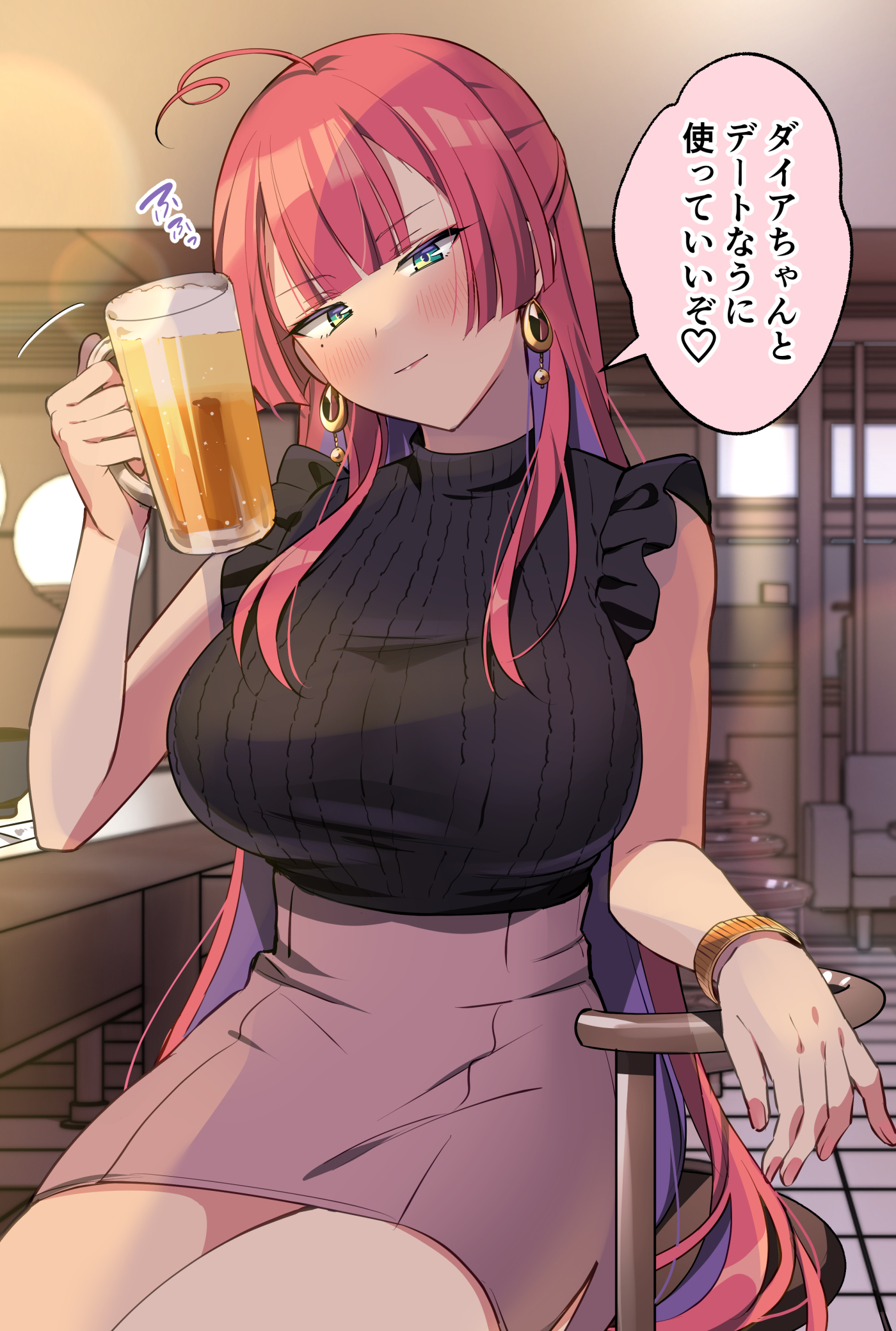 riku (melty drop), bombergirl, mahjong fight girl, character request, highres, 1girl, ahoge, alcohol, beer, blunt bangs, bracelet, breasts, earrings, green eyes, jewelry, large breasts, long hair, long sidelocks, looking at viewer, sidelocks, skirt, sleeveless, speech bubble, sweater, very long hair
