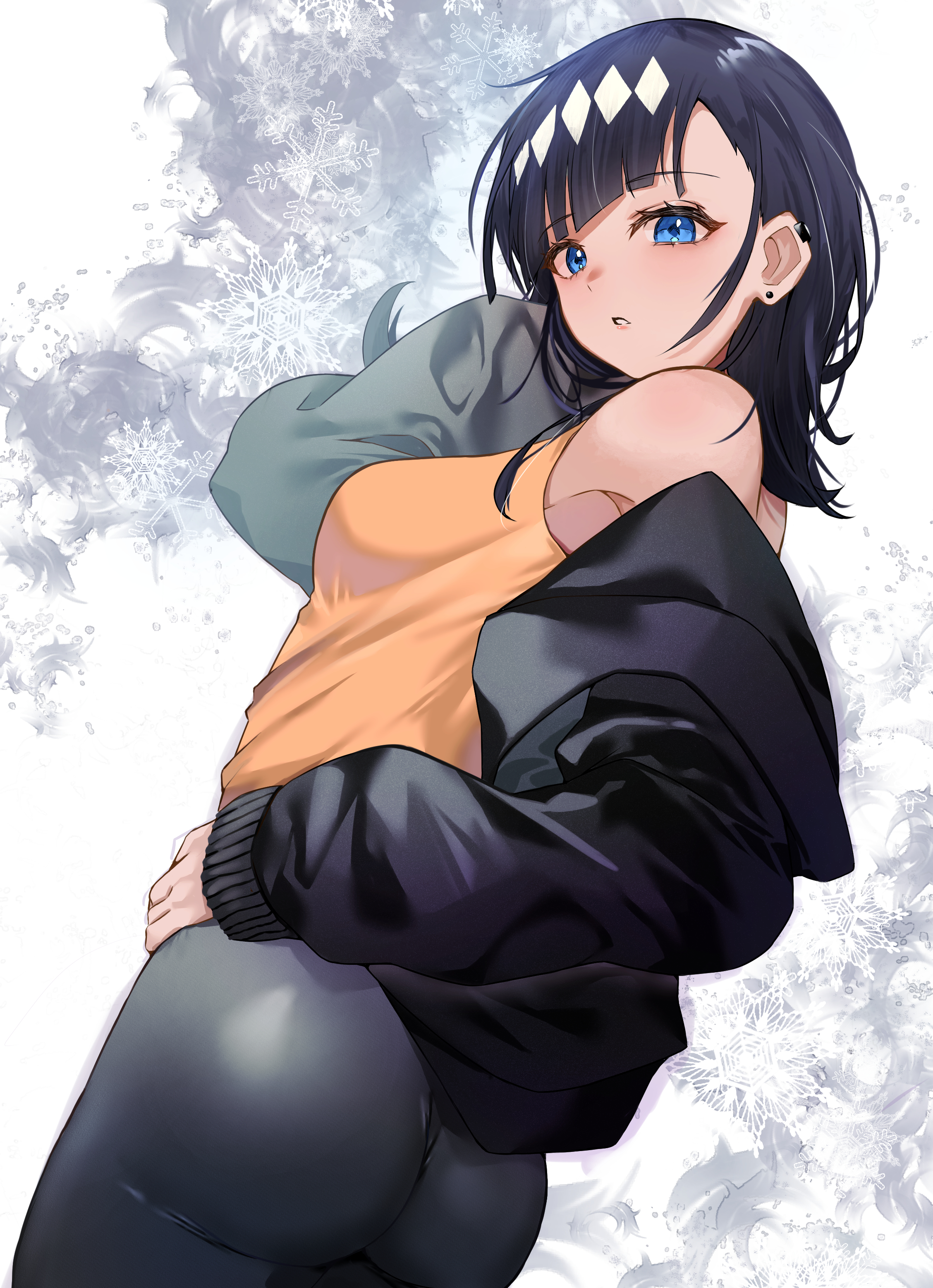 bureoeve, okazaki iruka, medalist (manga), absurdres, highres, 1girl, black hair, black jacket, black pants, blue eyes, diagonal bangs, dutch angle, earclip, earrings, from behind, hand in own hair, hand on own hip, jacket, jewelry, long sleeves, looking at viewer, looking back, medium hair, off shoulder, open clothes, open jacket, pants, parted lips, shirt, skin tight, sleeveless, sleeveless shirt, solo, standing, stud earrings, yellow shirt