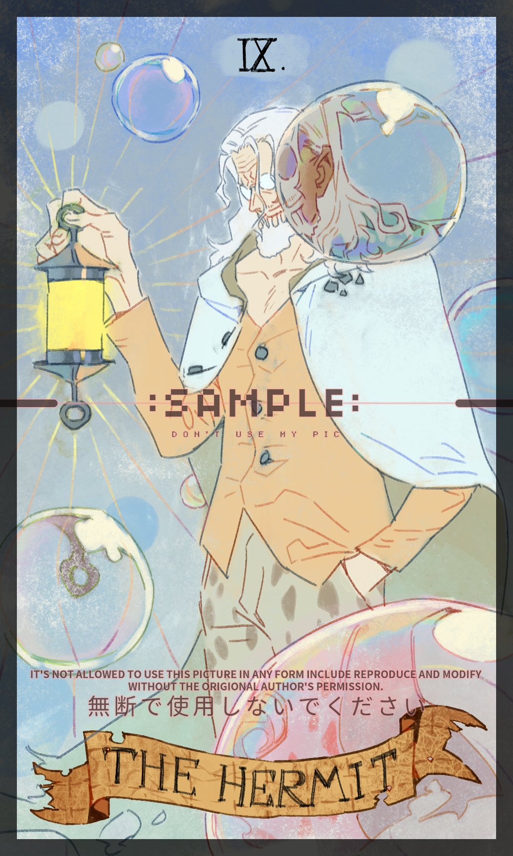 siyangou49, silvers rayleigh, one piece, commentary, english commentary, highres, 1boy, beard, bubble, card (medium), facial hair, glasses, hand in pocket, holding, holding lantern, lantern, long hair, male focus, orange shirt, profile, roman numeral, sample watermark, shirt, solo, tarot, tarot (medium), the hermit (tarot), watermark, white hair