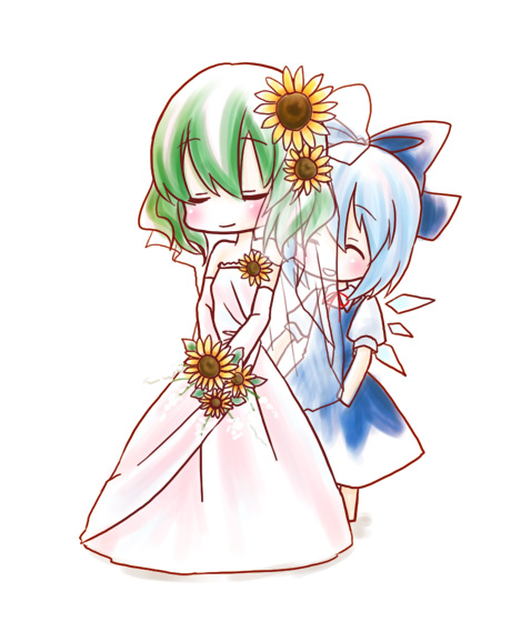 kuro (pixiv60110), kuromame (8gou), cirno, kazami yuuka, touhou, bad id, bad pixiv id, 2girls, alternate costume, barefoot, blue hair, blush, bouquet, bow, bridal veil, bride, chibi, closed eyes, dress, elbow gloves, flower, gloves, green hair, hair bow, hair flower, hair ornament, multiple girls, short hair, simple background, smile, sunflower, veil, wedding dress, white background, wings