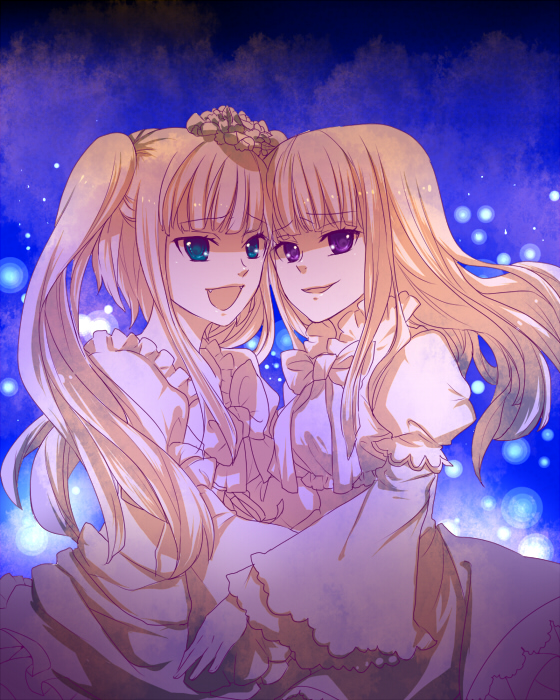 kuriko (scarlet sky), frederica bernkastel, furudo erika, umineko no naku koro ni, 00s, blue eyes, lolita fashion, long hair, purple eyes, raised eyebrows, twintails