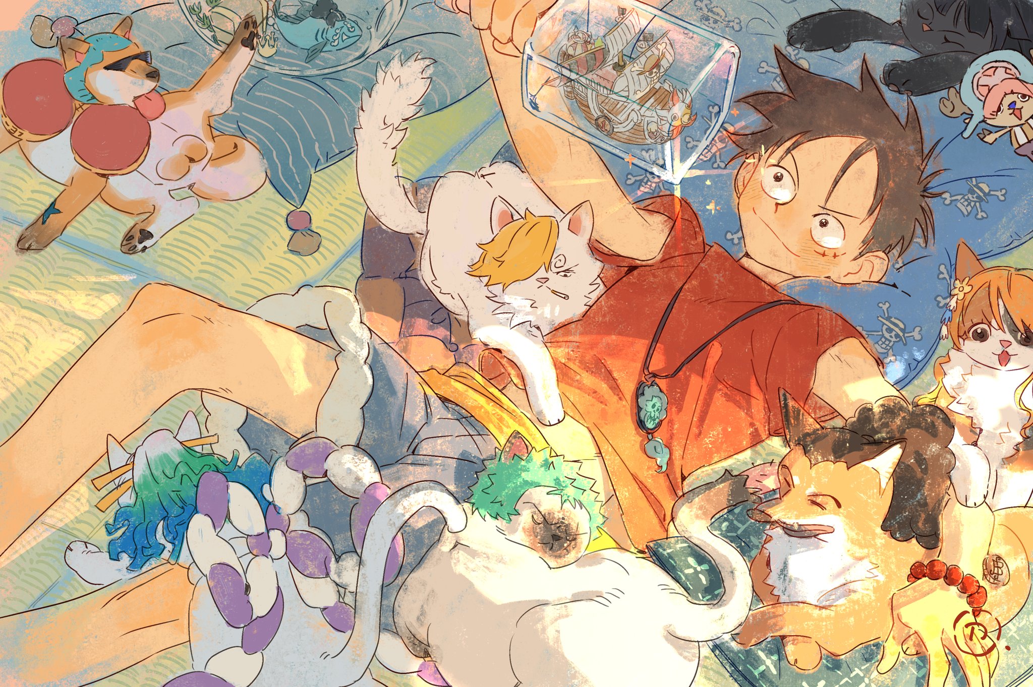 siyangou49, franky (one piece), jinbe (one piece), monkey d. luffy, nami (one piece), nico robin, roronoa zoro, sanji (one piece), thousand sunny, tony tony chopper, usopp, yamato (one piece), one piece, highres, 1boy, animalization, blonde hair, blue hair, blue shorts, boat, bracelet, cat, dog, jewelry, orange hair, ponytail, red shirt, rope, sash, scar, scar on face, shimenawa, shirt, shorts, sleeping, smile, straw hat pirates, sunglasses, watercraft, yellow sash