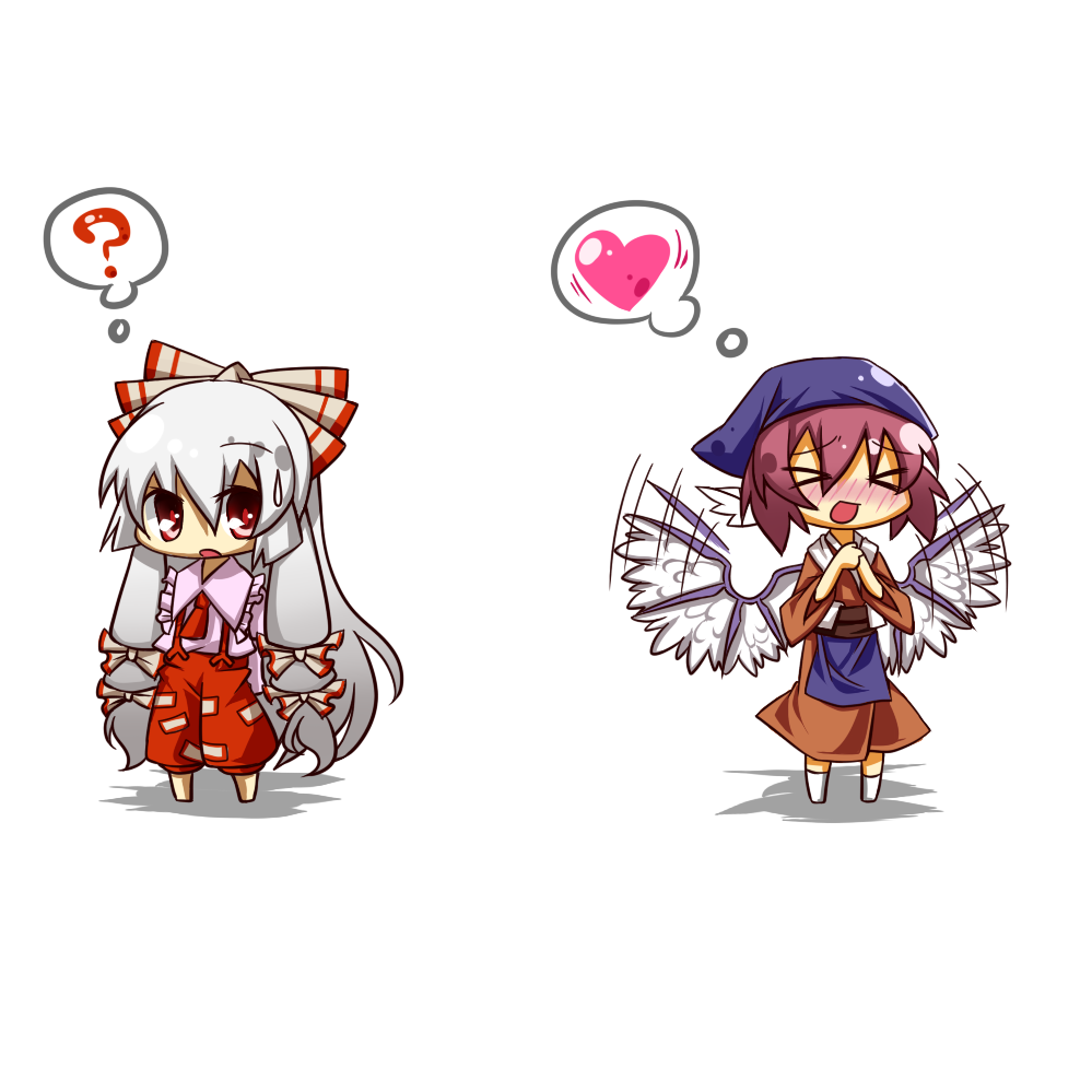 eiri (eirri), fujiwara no mokou, mystia lorelei, okamisty, touhou, bad id, bad pixiv id, > <, > <, 2girls, :d, ?, blush, bow, chibi, closed eyes, female focus, flapping, hair bow, heart, japanese clothes, multiple girls, multiple hair bows, open mouth, simple background, smile, spoken heart, sweatdrop, wings, xd