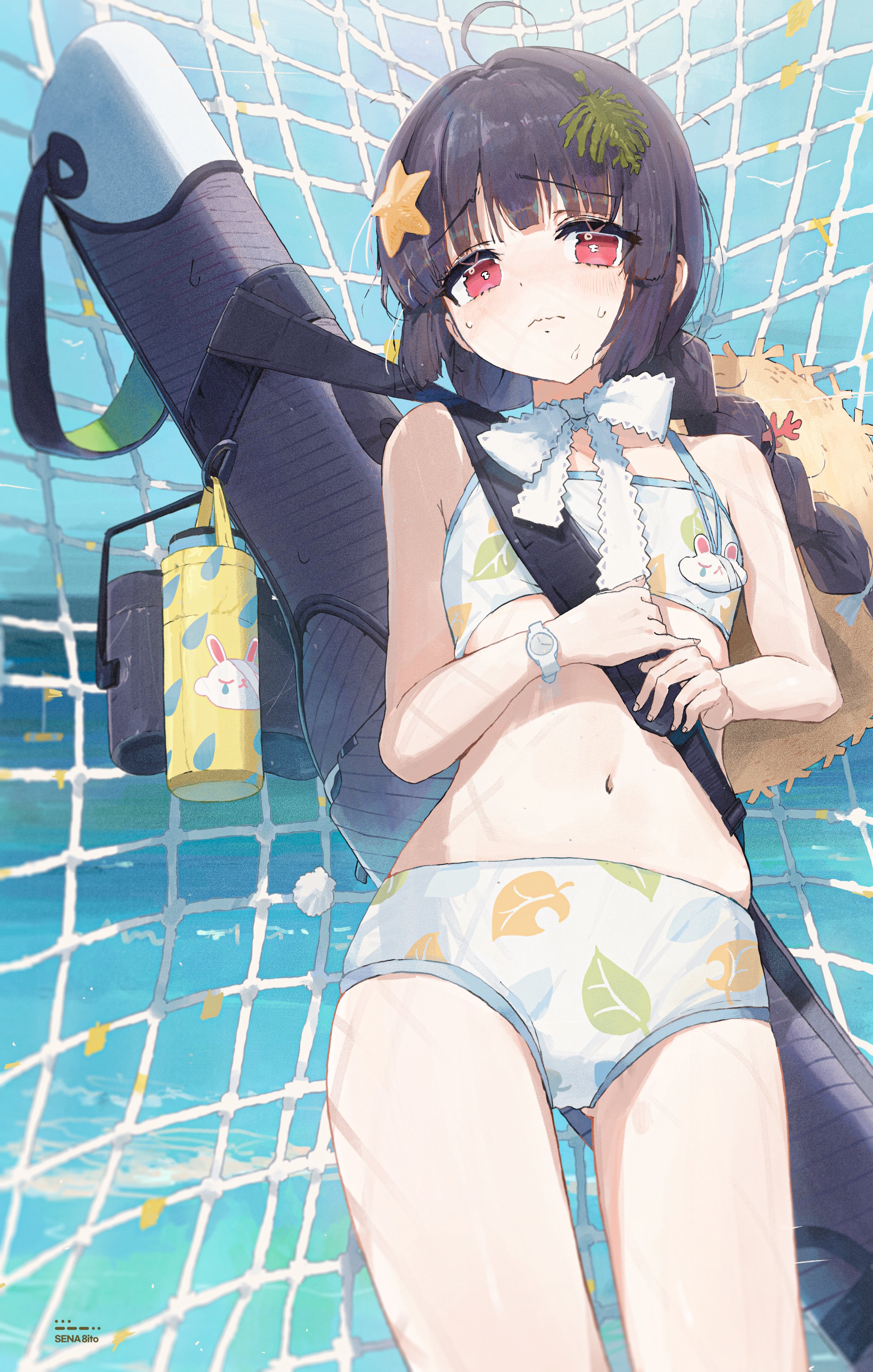sena 8ito, miyu (blue archive), miyu (swimsuit) (blue archive), blue archive, absurdres, commentary request, highres, 1girl, bikini, black hair, bottle, braid, closed mouth, cowboy shot, day, hair ornament, leaf print, long hair, navel, net, ocean, outdoors, print bikini, raised inner eyebrows, red eyes, solo, standing, star (symbol), star hair ornament, stomach, sweat, swimsuit, watch, water bottle, weapon case, white bikini, wispy bangs, wristwatch