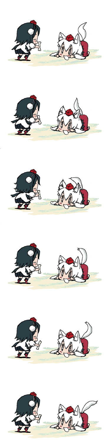 baku taso, inubashiri momiji, shameimaru aya, touhou, highres, long image, tall image, + +, animal ears, black hair, chibi, comic, female focus, hat, sequential, short hair, silent comic, tail, tokin hat, white hair