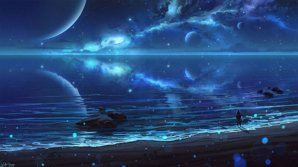 wopgnop, original, commission, 1other, blue theme, from behind, full moon, landscape, light particles, moon, nebula, night, night sky, ocean, painterly, reflection, reflective liquid, rock, sand, shore, signature, sky, star (sky), starry sky, water, waves