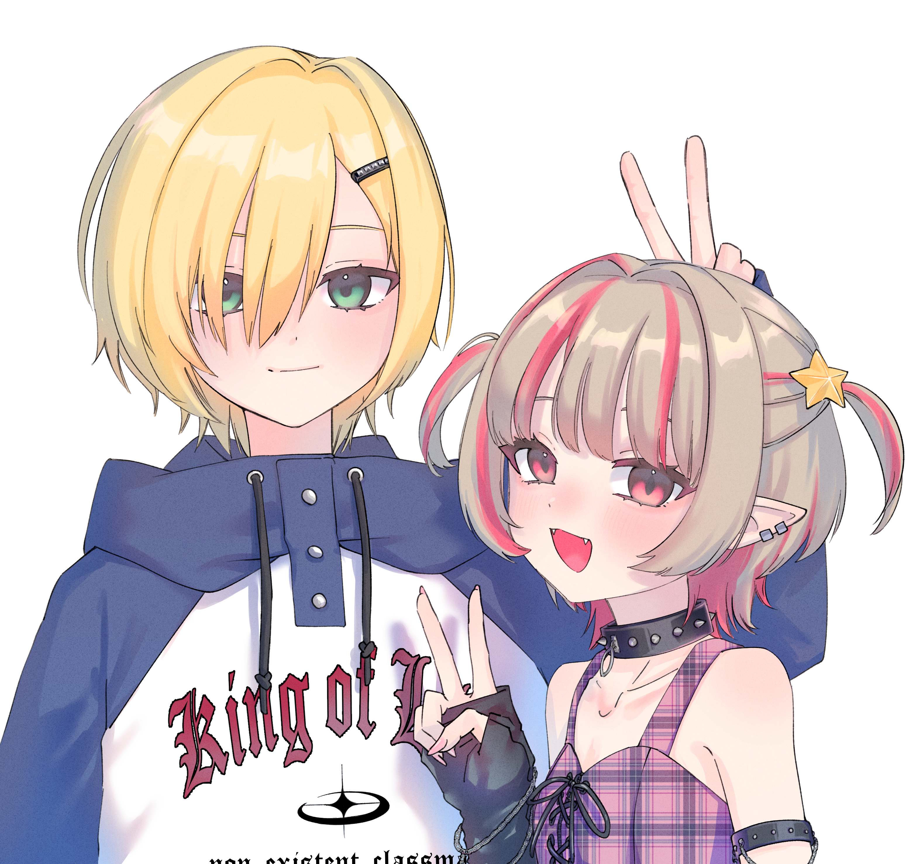 krtc mgk, makaino ririmu, makaino ririmu (6th costume), uzuki kou, uzuki kou (5th costume), nijisanji, absurdres, highres, 1boy, 1girl, arm strap, bare shoulders, black arm warmers, black collar, blonde hair, blue hood, blue sleeves, blunt bangs, blush, breasts, chain, chain bracelet, closed mouth, clothes writing, collar, collarbone, colored inner hair, crop top, cross-laced clothes, cross-laced top, drawstring, earclip, fangs, from side, green eyes, grey hair, hair intakes, hair ornament, hair over one eye, hairclip, hood, hood down, hoodie, long sleeves, looking at viewer, multicolored hair, no headwear, no jacket, o-ring collar, open mouth, pink hair, pink streaks, plaid clothes, pointy ears, print hoodie, raglan sleeves, red eyes, short hair, side-by-side, simple background, sleeveless, sleeves past wrists, small breasts, smile, spiked collar, spikes, standing, star (symbol), star hair ornament, straight-on, streaked hair, two-tone hair, two side up, upper body, v, virtual youtuber, white background, white hoodie, wolf cut