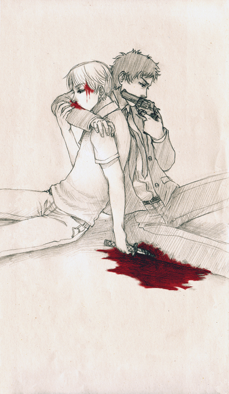 lmc, adachi tooru, narukami yu, atlus, persona, persona 4, 2boys, blood, gun, injury, male focus, monochrome, multiple boys, spot color, weapon, yaoi