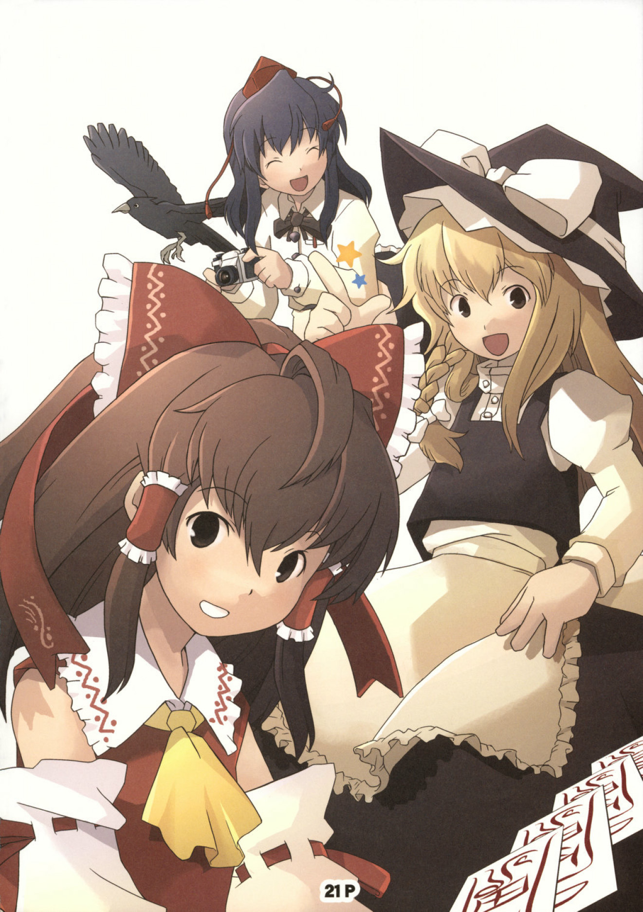 tobe sunaho, hakurei reimu, kirisame marisa, shameimaru aya, touhou, highres, 3girls, bird, black hair, blonde hair, bow, braid, brown hair, camera, crow, detached sleeves, female focus, hat, japanese clothes, long hair, miko, multiple girls, simple background, skirt, tokin hat, upper body, white background, witch, witch hat