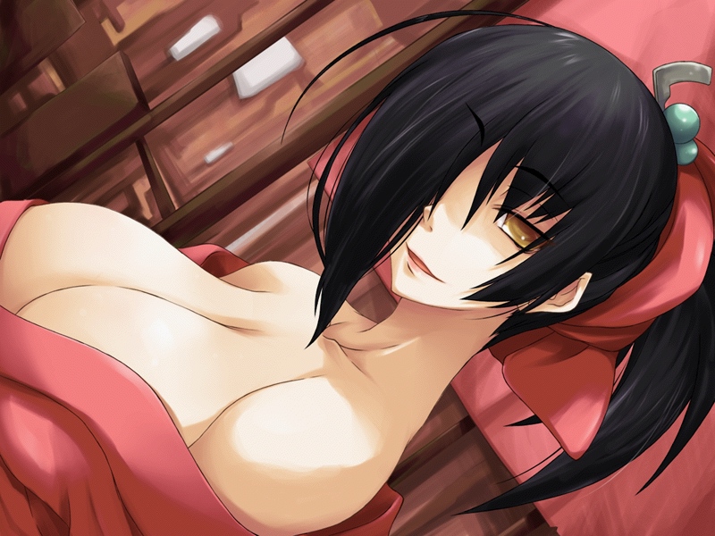 g munyo, greensvale no mori no naka, game cg, source request, 1girl, bare shoulders, black hair, breasts, cleavage, dutch angle, female focus, hair over one eye, huge breasts, lips, lipstick, makeup, ponytail, smile, solo, yellow eyes