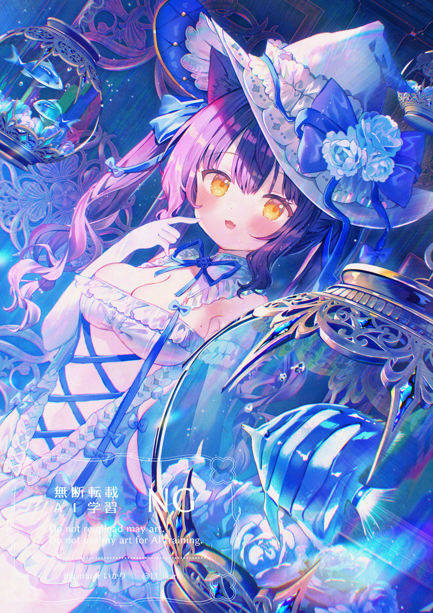 ikari (aor3507), original, commentary request, fish request, highres, 1girl, :d, air bubble, animal, animal ears, blue ribbon, blush, bow, breasts, bubble, center opening, cleavage, dress, dutch angle, fang, fish, flower, hat, hat bow, indoors, large breasts, long hair, looking at viewer, neck ribbon, open mouth, orange eyes, purple bow, purple hair, ribbon, smile, solo, twintails, water, watermark, white dress, white flower, white hat, witch hat
