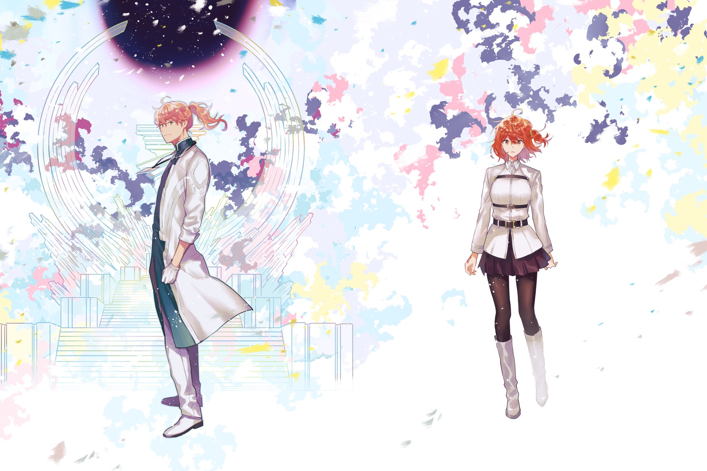 wani (mezo), fujimaru ritsuka (female), romani archaman, fate/grand order, fate (series), highres, 1boy, 1girl, ahoge, belt, belt buckle, black belt, black pantyhose, black skirt, boots, buckle, chaldea logo, chaldea uniform, chest belt, command spell, full body, gloves, id card, jacket, knee boots, lab coat, lanyard, long sleeves, orange eyes, orange hair, pants, pantyhose, pleated skirt, ponytail, shirt, shoes, skirt, white boots, white gloves, white jacket, white pants, white shirt, white shoes