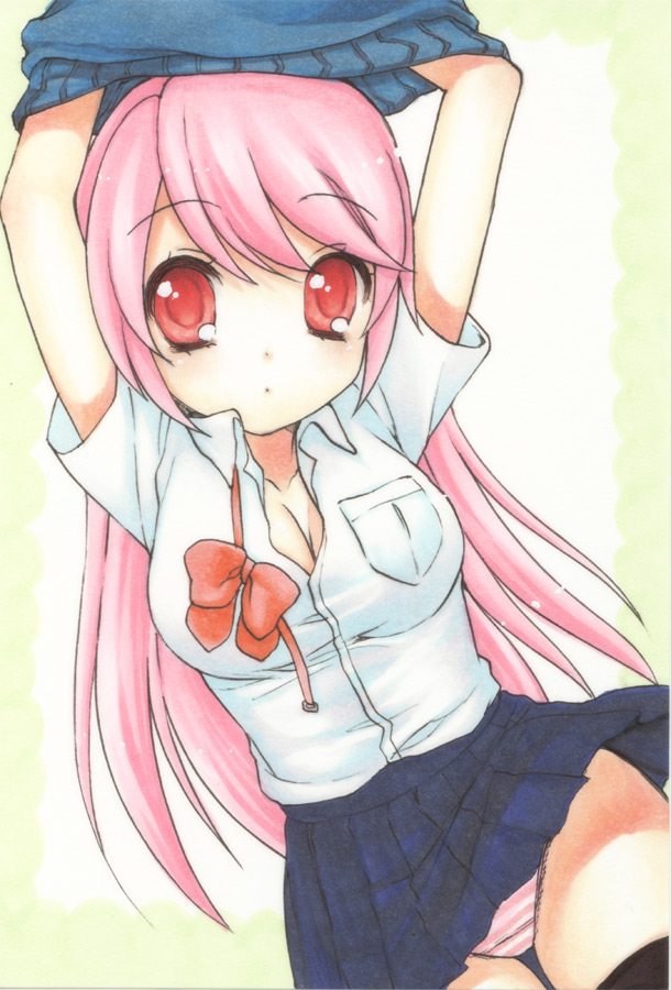 usashiro mani, original, long hair, panties, pink hair, red eyes, school uniform, skirt, striped clothes, striped panties, underwear, undressing