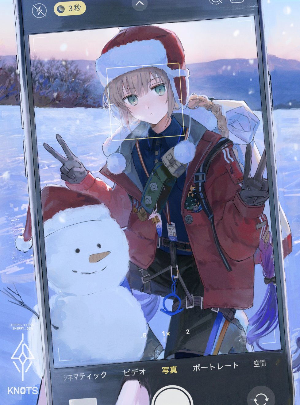 sherry 0014, captain nemo (fate), captain nemo (santa) (fate), nemo (fate), fate/grand order, fate (series), highres, 1boy, blush, braid, brown hair, cellphone, double v, fur-trimmed headwear, fur trim, green eyes, hat, jacket, long hair, male focus, open clothes, open jacket, outdoors, phone, pom pom (clothes), pov, pov hands, red jacket, santa hat, screen, snow, snowing, snowman, solo focus, v, viewfinder, winter