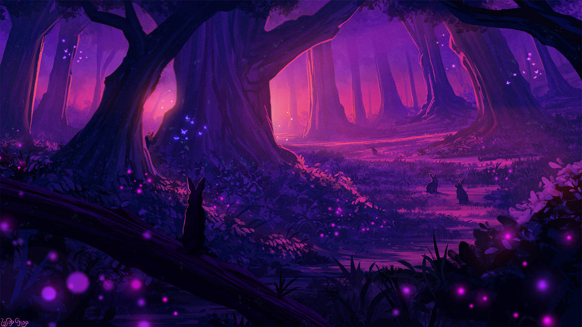 wopgnop, original, commission, branch, bug, butterfly, forest, glowing, grass, insect, landscape, light particles, nature, painterly, purple light, purple theme, rabbit, signature, tree