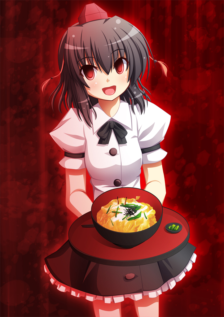 akashio (loli ace), shameimaru aya, touhou, bad id, bad pixiv id, 1girl, black hair, bowl, female focus, food, hat, looking at viewer, open mouth, red eyes, short hair, smile, solo, tokin hat