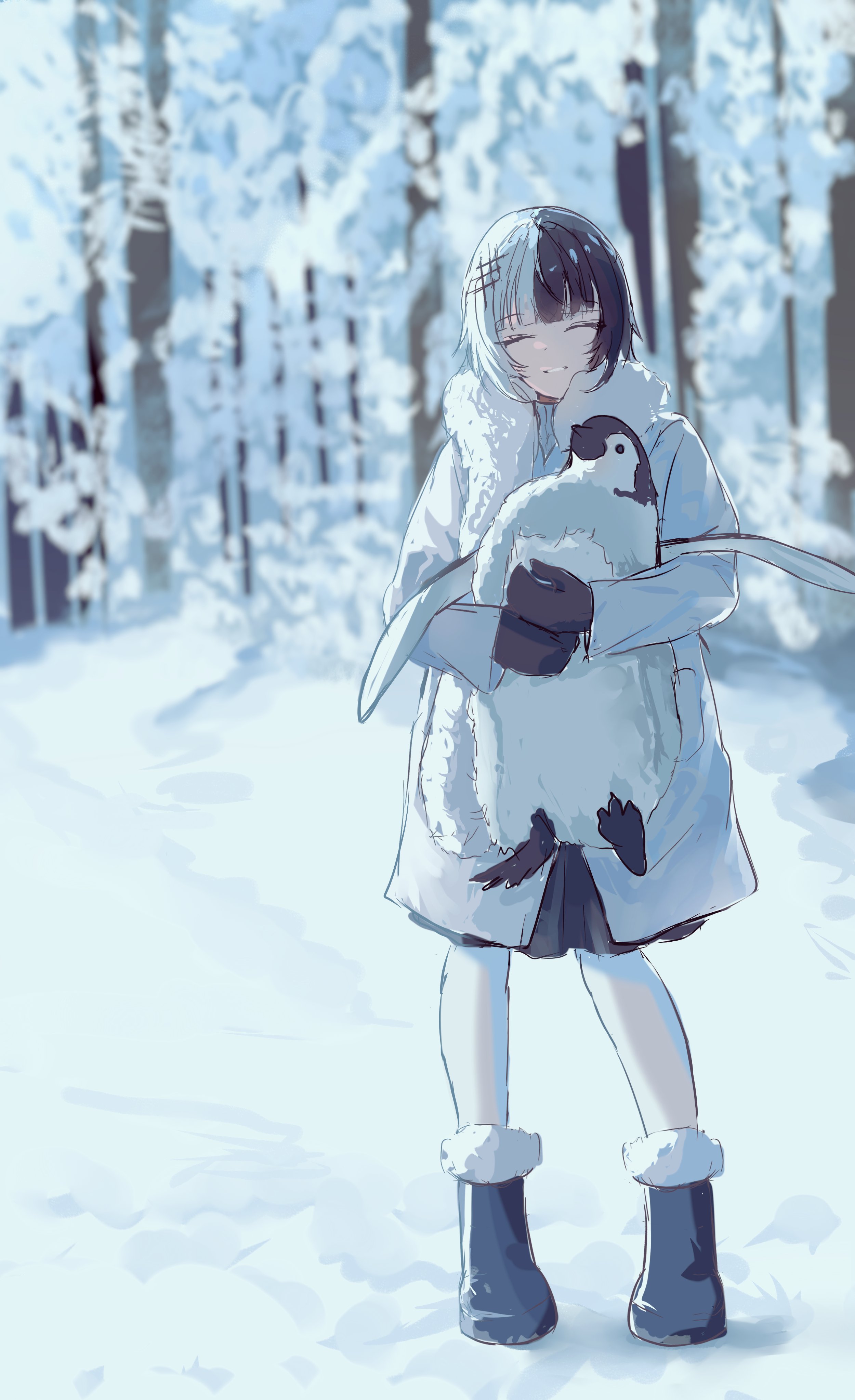 karu (karusenpai), shiori novella, hololive, hololive english, absurdres, commentary, english commentary, highres, 1girl, alternate costume, bird, black boots, black hair, black mittens, blurry, blurry background, boots, closed eyes, coat, day, facing viewer, forest, fur-trimmed boots, fur scarf, fur trim, grey hair, grin, hair ornament, long hair, long sleeves, mittens, multicolored hair, nature, outdoors, pantyhose, penguin, sketch, smile, snow, snow boots, solo, split-color hair, standing, tree, two-tone hair, virtual youtuber, white coat, white pantyhose, winter clothes