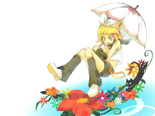 tomsan, kagamine rin, vocaloid, 1girl, blonde hair, blue eyes, cat, female focus, flower, hair ornament, hair ribbon, hairclip, midriff, ribbon, short hair, shorts, solo, umbrella, umbrella riding