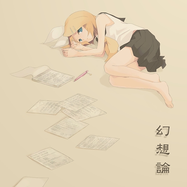 tomsan, kagamine rin, vocaloid, translated, 1girl, barefoot, blonde hair, blue eyes, feet, female focus, green eyes, hair ornament, hair ribbon, hairclip, lying, on side, paper, pen, pleated skirt, ribbon, school uniform, short hair, simple background, skirt, solo, writing
