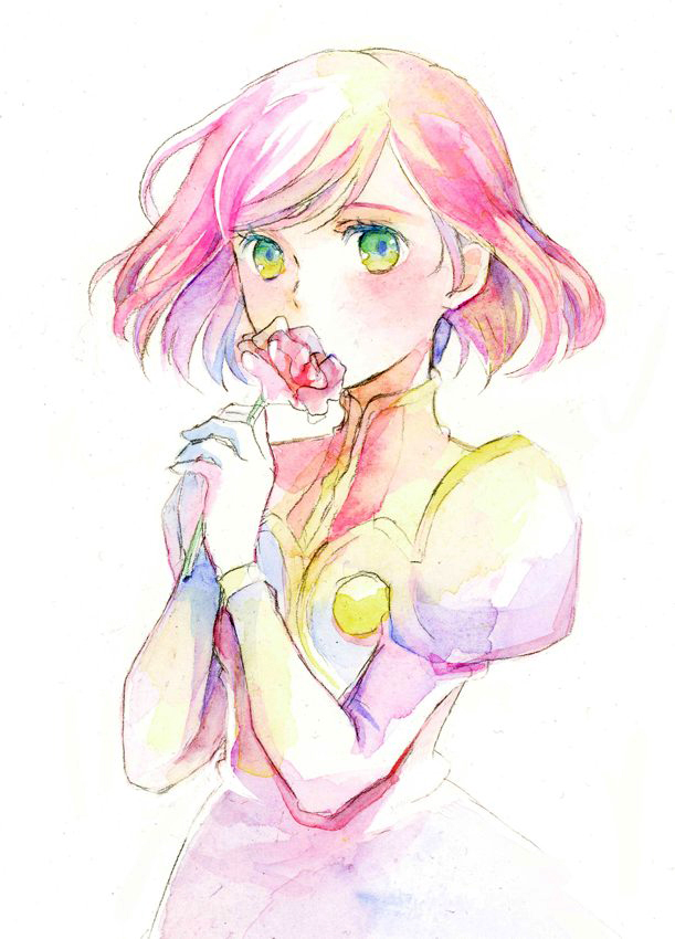 koruri (unubore tekagami), estellise sidos heurassein, tales of (series), tales of vesperia, painting (medium), traditional media, watercolor (medium), 1girl, flower, gloves, green eyes, holding, holding flower, looking at viewer, pink hair, short hair, simple background, solo, standing, white background, white gloves