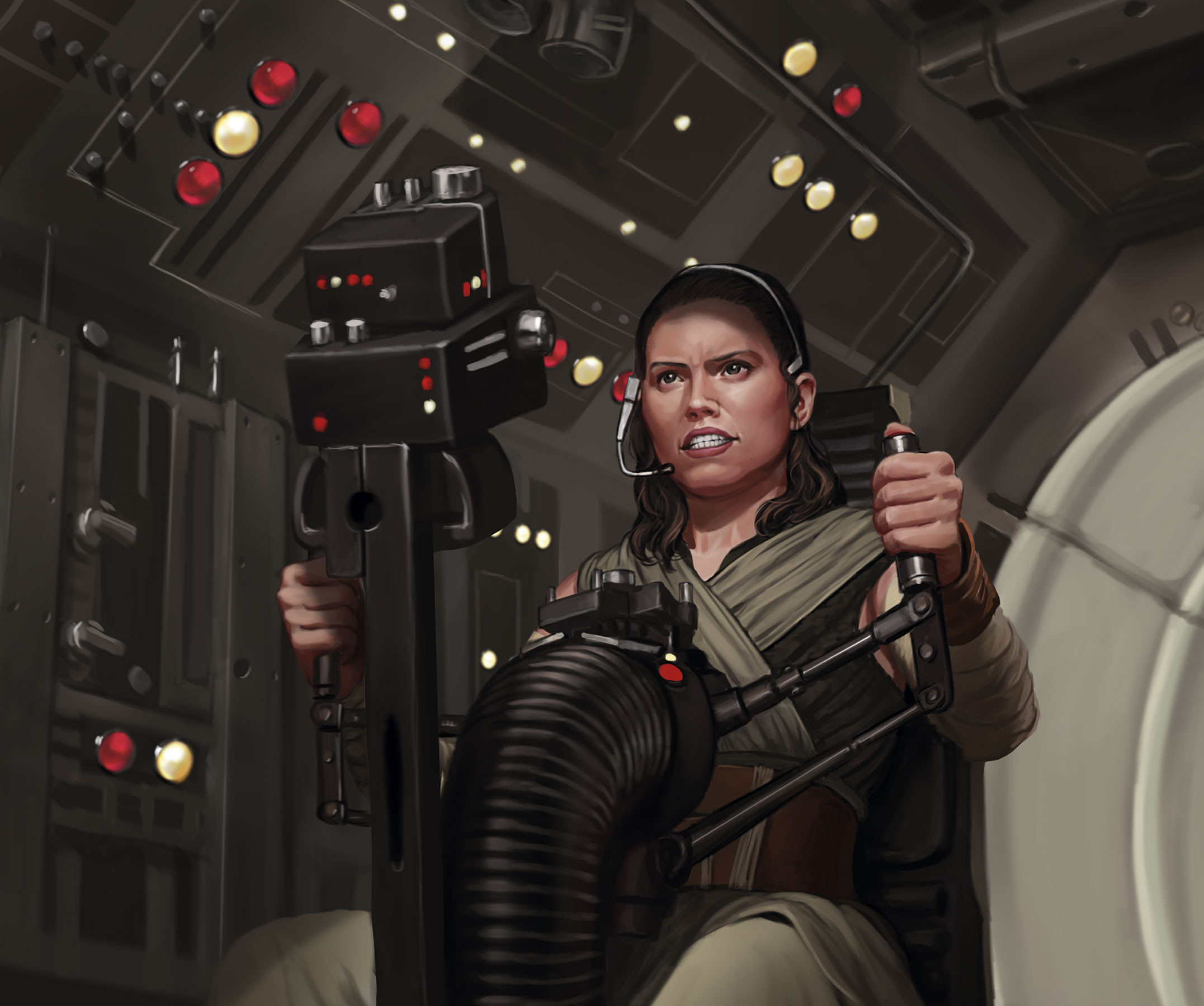 javier charro, rey (star wars), star wars, star wars: the force awakens, highres, 1girl, brown eyes, clenched teeth, headset, medium hair, sitting, solo, spacecraft interior, teeth