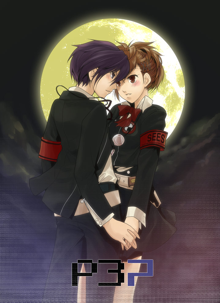 mk (mod0), shiomi kotone, yuuki makoto (persona 3), atlus, persona, persona 3, persona 3 portable, 1boy, 1girl, armband, blue hair, bow, brown hair, full moon, hair ornament, hairclip, headphones, moon, ribbon, school uniform