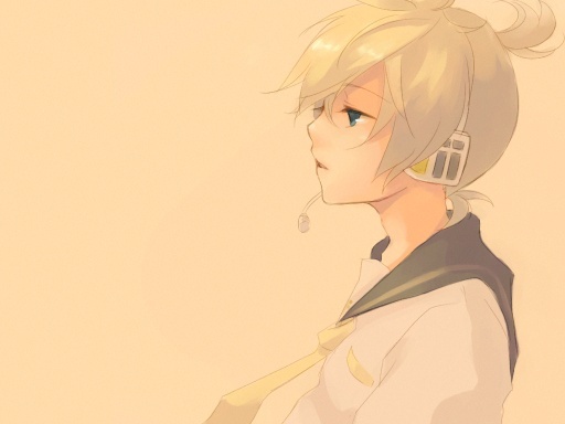 tomsan, kagamine len, namae no nai uta (vocaloid), vocaloid, 1boy, blonde hair, blue eyes, headphones, headset, male focus, necktie, ponytail, short hair, simple background, solo