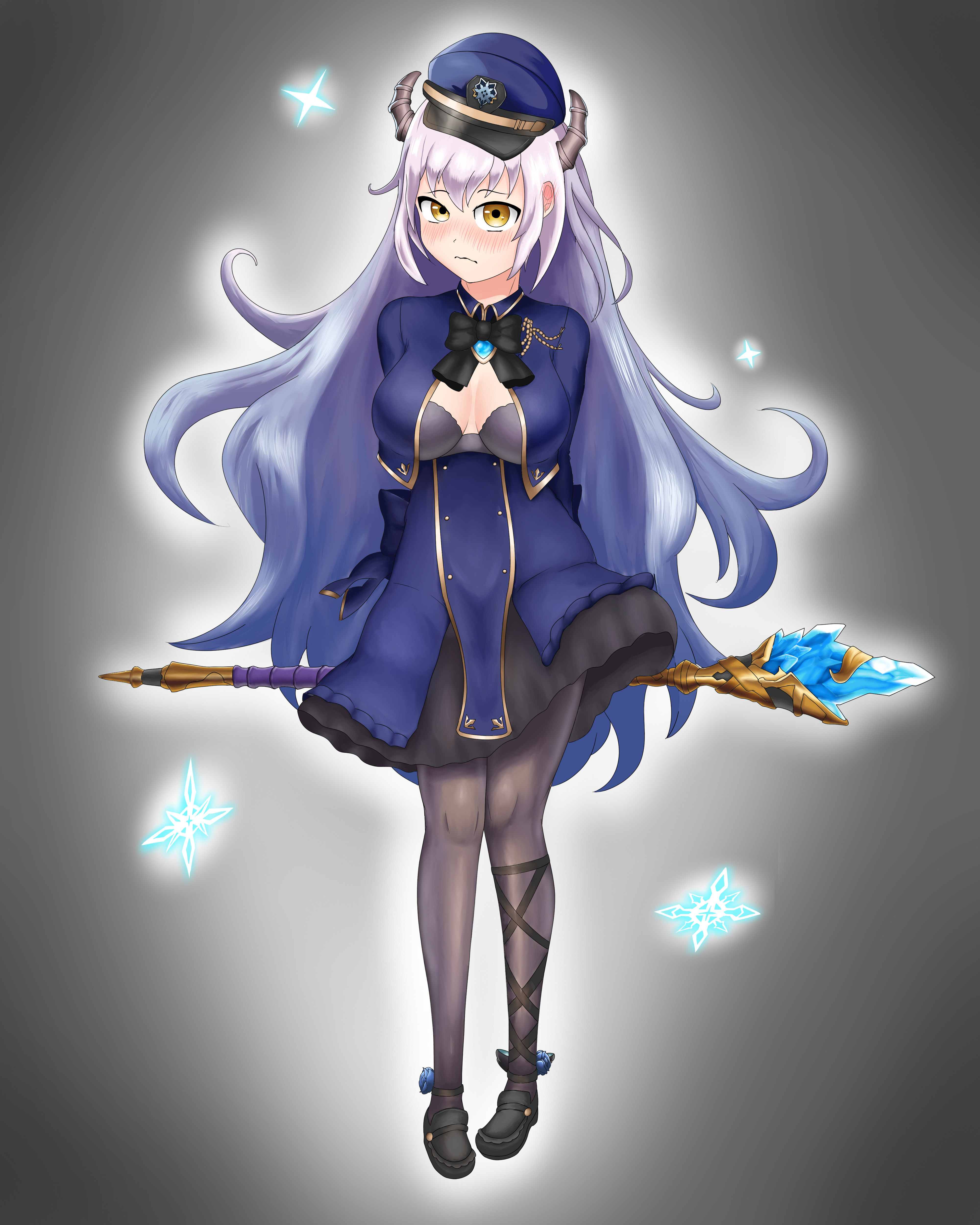 mir inverno (gakuen) (grimms notes), mir inverno (grimms notes), grimms notes, grimms notes gakuen, 1girl, blue hat, blush, breasts, closed mouth, full body, grey hair, hat, holding, holding staff, kouri goku tsue ptolomea (grimms notes), long hair, looking at viewer, staff, user yfwd5357, very long hair, yellow eyes