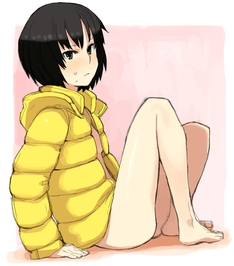 yu 65026, nanasaki ai, amagami, 1girl, barefoot, blush, bob cut, bottomless, coat, feet, female focus, jacket, outside border, padded coat, sitting, sketch, solo
