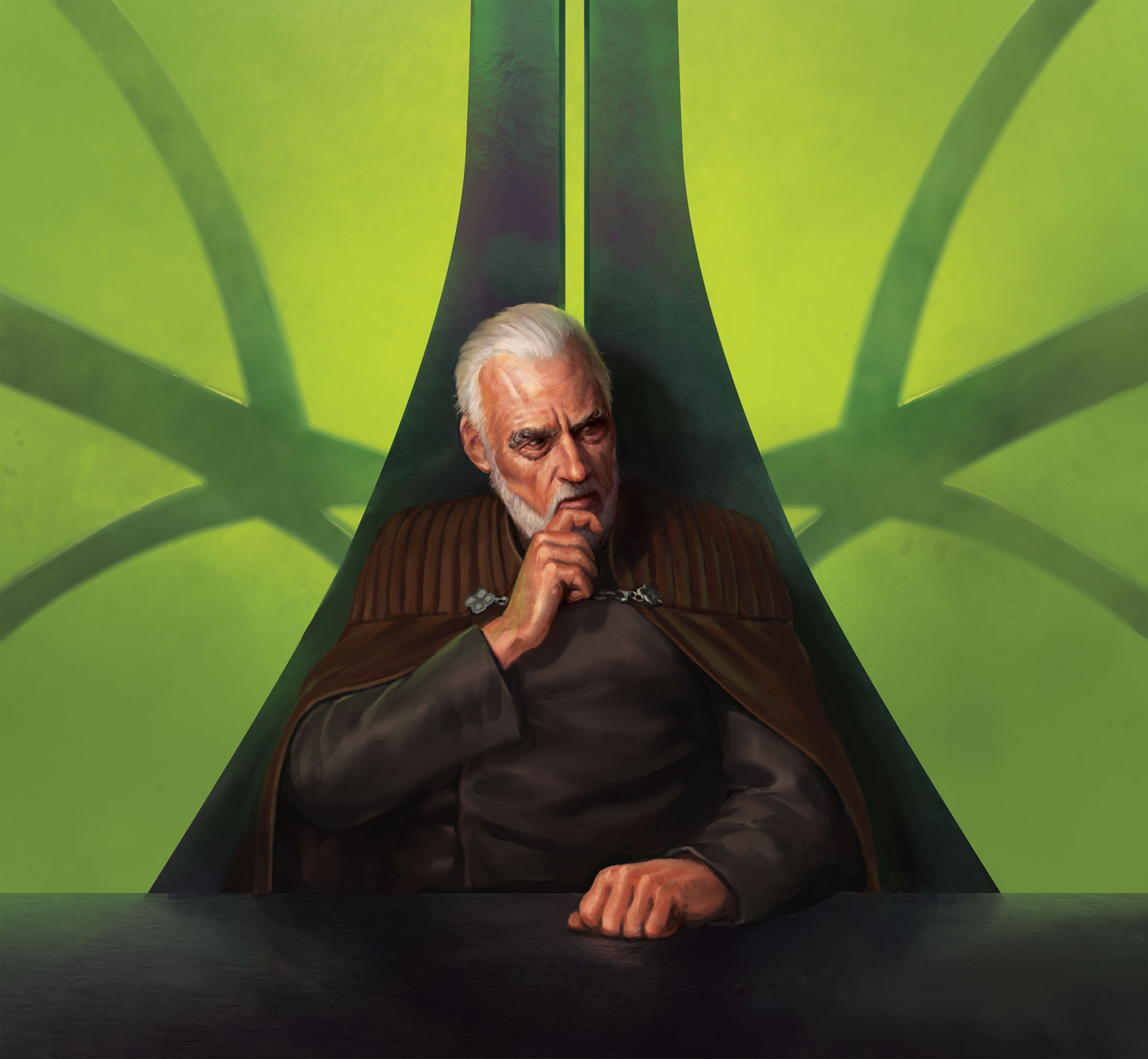 javier charro, count dooku, star wars, highres, 1boy, beard, black jacket, brown cape, cape, facial hair, grey hair, indoors, jacket, looking to the side, short hair, sitting, solo, thinking