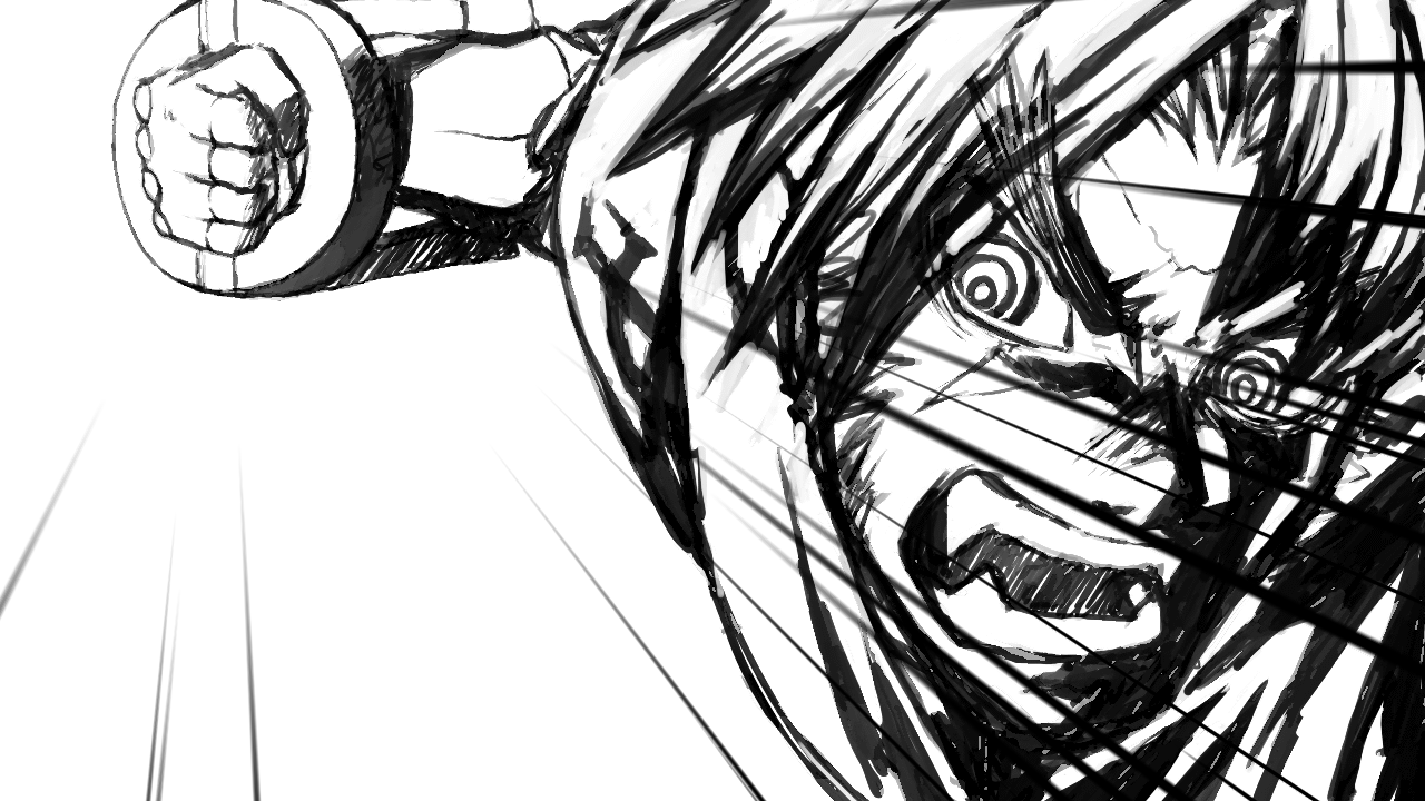 shishigami bang, blazblue, 1boy, @ @, falcon punch, fangs, greyscale, male focus, manly, monochrome, punching, scar, solo