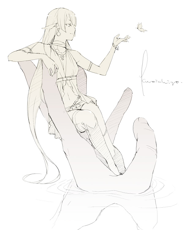 kyo (kuroichigo), original, 1girl, artist name, bracelet, bug, butterfly, earrings, elf, fantasy, female focus, giant, greyscale, in palm, insect, jewelry, long hair, mini person, minigirl, monochrome, multiple monochrome, necklace, pencil, pointy ears, profile, reflection, simple background, sitting, sketch, smile, solo focus, very long hair, water, white background, yellow theme