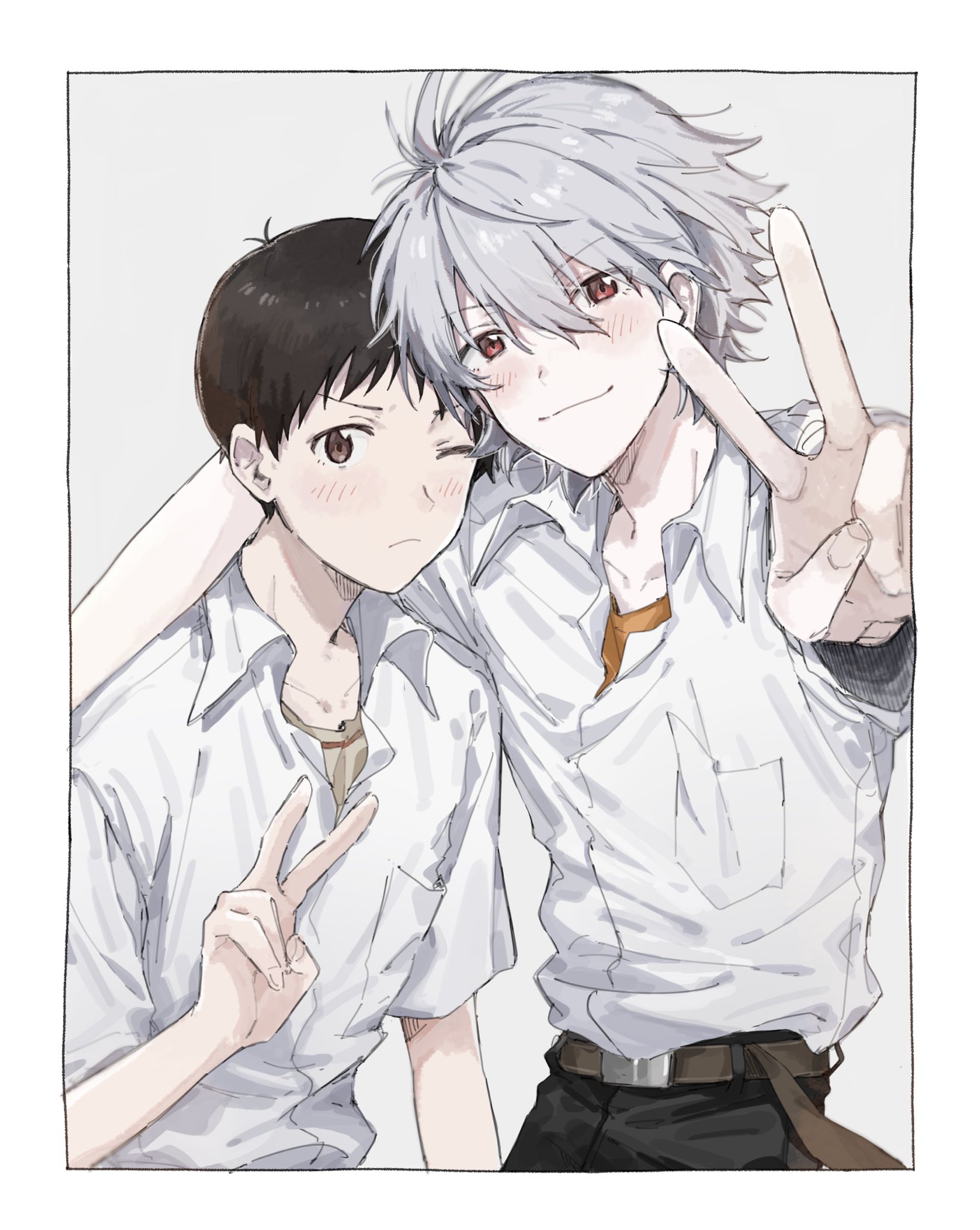 ikari shinji, nagisa kaworu, neon genesis evangelion, commentary, highres, symbol-only commentary, 2boys, arm around shoulder, black hair, black pants, border, brown eyes, collared shirt, grey hair, grey shirt, hair between eyes, looking at viewer, m3gris3, male focus, multiple boys, one eye closed, orange shirt, pants, pocket, red eyes, school uniform, shirt, shirt tucked in, short hair, short sleeves, v, white border, white shirt