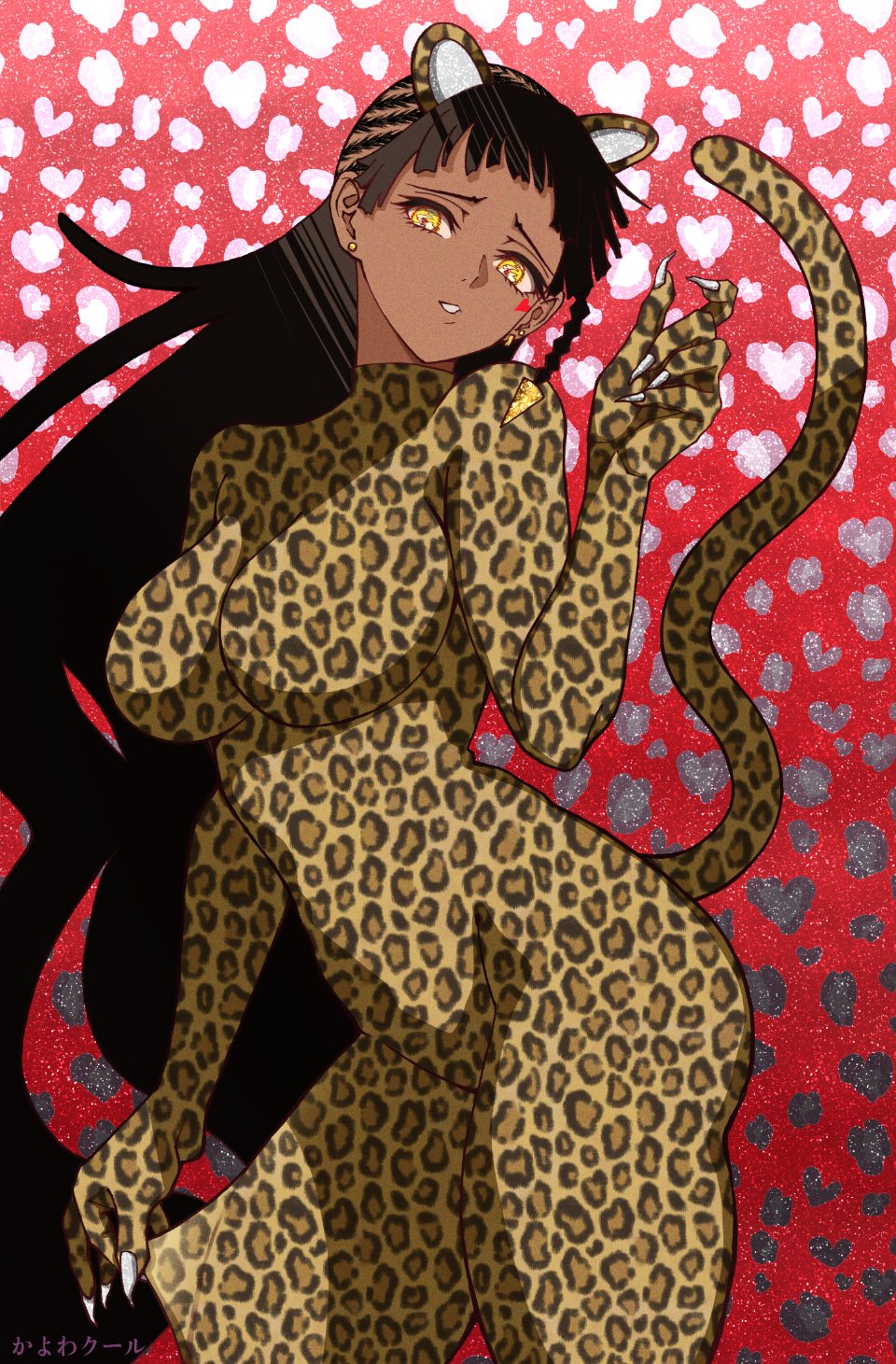 kayowacool007, desscaras, madan no ichi, highres, 1girl, afro puffs, animal print, black hair, breasts, dark-skinned female, dark skin, earrings, jewelry, leopard print, long hair, long sleeves, looking at viewer, open mouth, print bodysuit, smile, twintails, very dark skin, yellow eyes