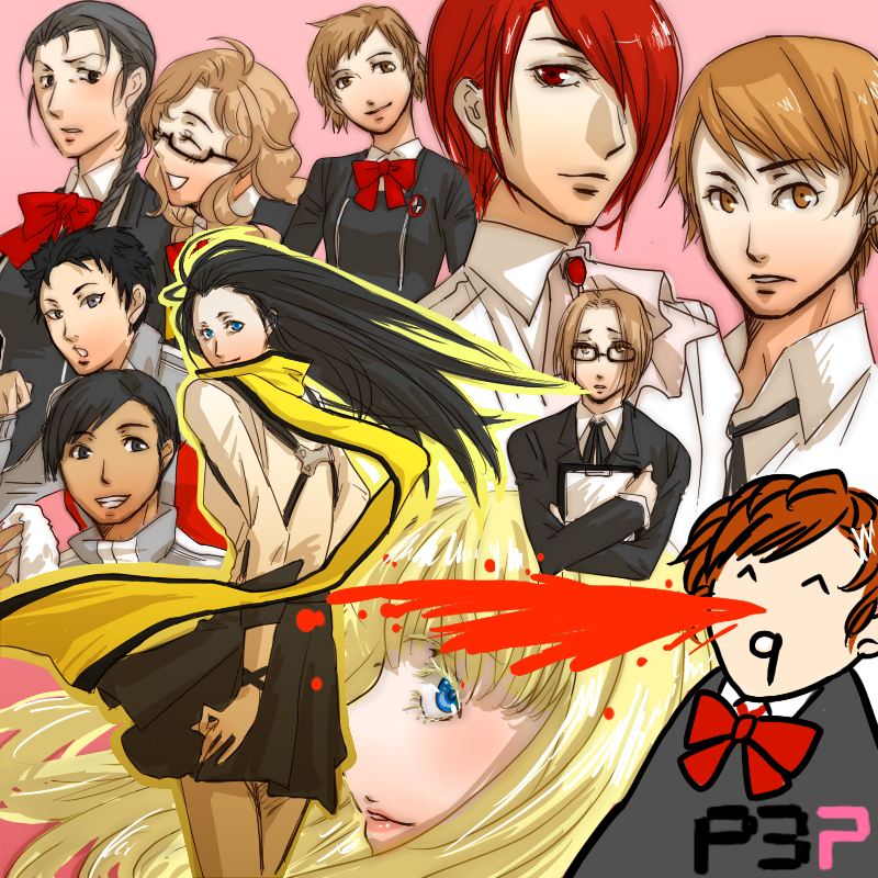 marimouper, marimozawa tomoe, andre roland jean gerard, fushimi chihiro, hiraga keisuke, kirijou mitsuru, miyamoto kazushi, mochizuki ryouji, nishiwaki yuuko, odagiri hidetoshi, shiomi kotone, suemitsu nozomu, takeba yukari, tomochika kenji, atlus, persona, persona 3, persona 3 portable, 5boys, 6+girls, black hair, blonde hair, blood, blue eyes, bow, brown eyes, brown hair, excessive nosebleed, genderswap, genderswap (ftm), genderswap (mtf), glasses, hair over one eye, long hair, multiple boys, multiple girls, nosebleed, red eyes, red hair, ribbon, scarf, skirt, smile, suspenders, tomochikakenji