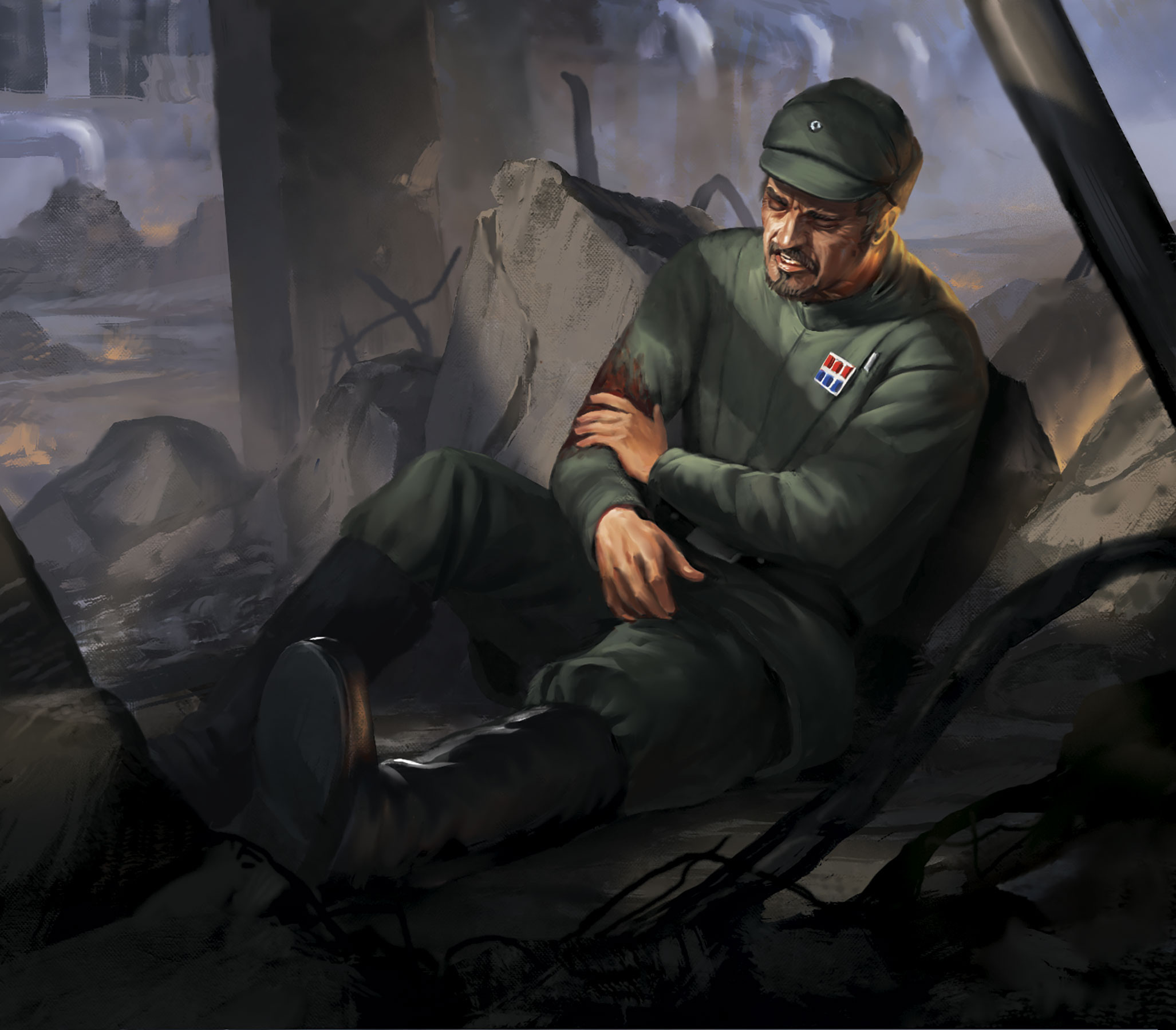 javier charro, star wars, highres, 1boy, black boots, blood, blood on clothes, boots, green hat, green jacket, green pants, hat, imperial officer, injury, jacket, pants, rubble, sitting, solo