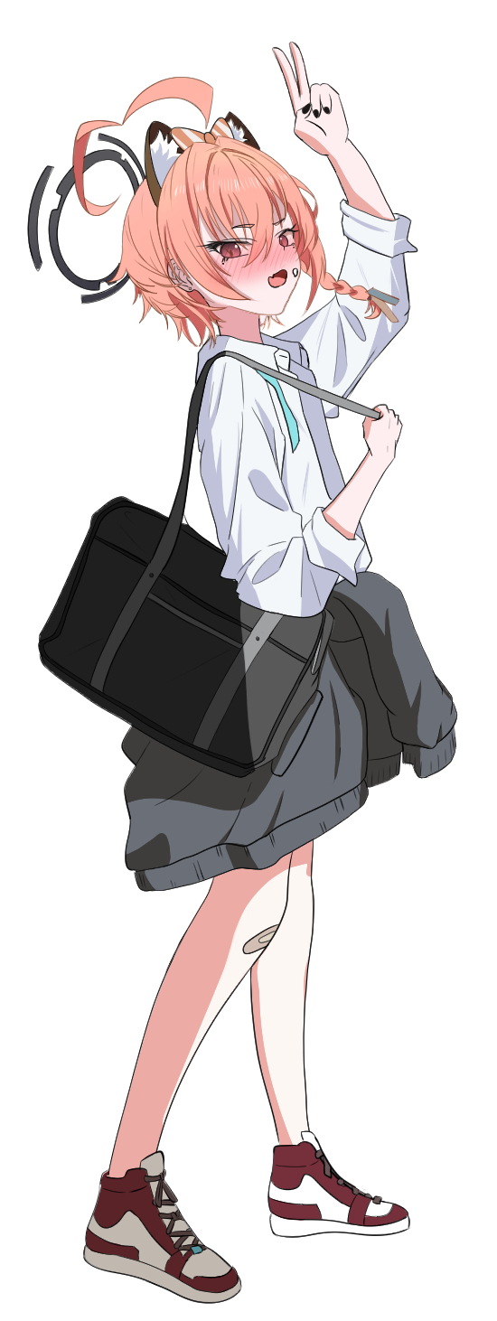 momorin (choco030309), neru (blue archive), neru (school uniform) (blue archive), blue archive, bilingual commentary, highres, korean commentary, mixed-language commentary, 1girl, :o, ahoge, animal ear fluff, animal ear hairband, animal ears, bag, bandaid, bandaid on knee, bandaid on leg, blush, braid, cardigan, cardigan around waist, cat ear hairband, cat ears, clothes around waist, earrings, fake animal ears, fingernails, grey cardigan, hairband, halo, huge ahoge, jewelry, looking at viewer, looking to the side, nail polish, nose blush, official alternate costume, orange hair, red eyes, school bag, school uniform, shirt, shoes, short hair, simple background, single braid, sneakers, solo, stud earrings, v, white background, white shirt