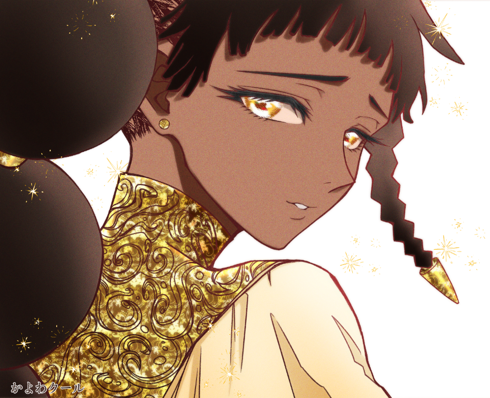 kayowacool007, desscaras, madan no ichi, 1girl, afro puffs, black hair, close-up, dark-skinned female, dark skin, earrings, half-closed eyes, jewelry, looking at viewer, open mouth, portrait, simple background, twintails, very dark skin, white background, yellow eyes