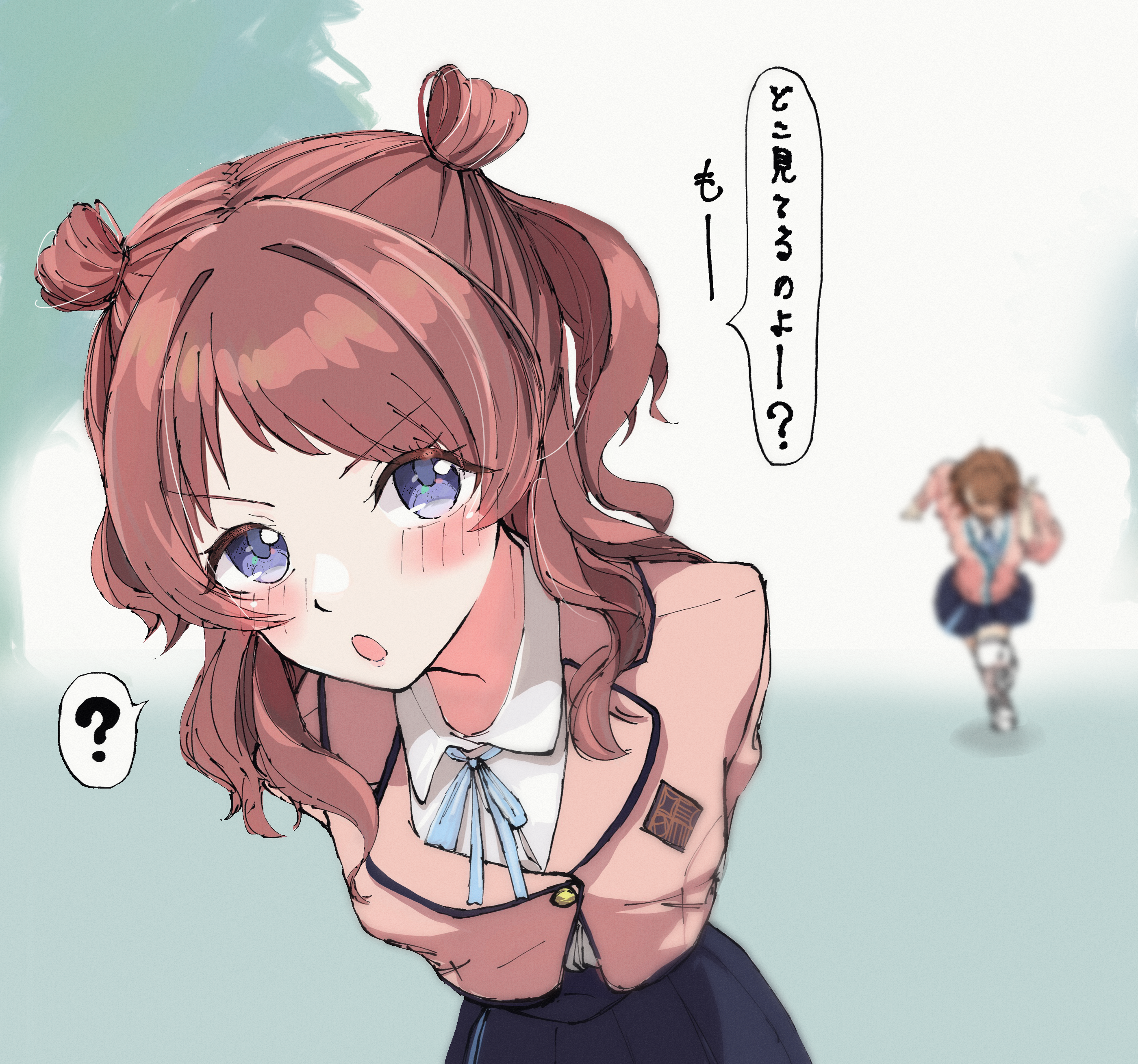 iwashi neko, hanami saki, hanami ume, gakuen idolmaster, idolmaster, absurdres, commentary request, highres, translation request, 2girls, :o, ?, arms behind back, black overskirt, blazer, blue eyes, blue ribbon, blurry, blurry background, blush, brown hair, brown jacket, dated commentary, depth of field, jacket, long hair, multiple girls, neck ribbon, pleated skirt, ribbon, running, shirt, siblings, sisters, skirt, solo focus, speech bubble, spoken question mark, two side up, white shirt