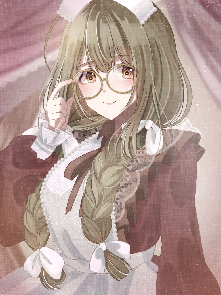 morinaga (kisoapple), kuwayama chiyuki, idolmaster, idolmaster shiny colors, commentary, 1girl, alternate costume, apron, bespectacled, blush, braid, brown dress, brown hair, dress, enmaided, glasses, long hair, long sleeves, looking at viewer, maid, puffy long sleeves, puffy sleeves, round eyewear, smile, solo, twin braids, upper body, very long hair, white apron, yellow-framed eyewear