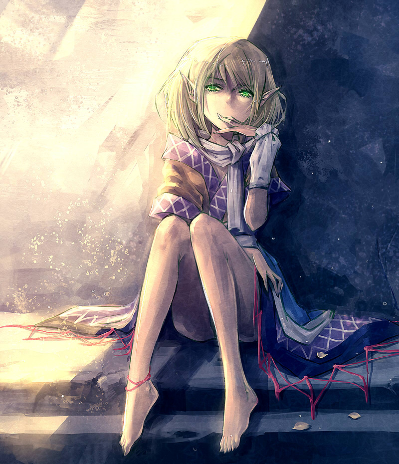 kieta, mizuhashi parsee, touhou, 1girl, arm warmers, barefoot, blonde hair, feet, female focus, green eyes, legs, long legs, pointy ears, scarf, short hair, solo