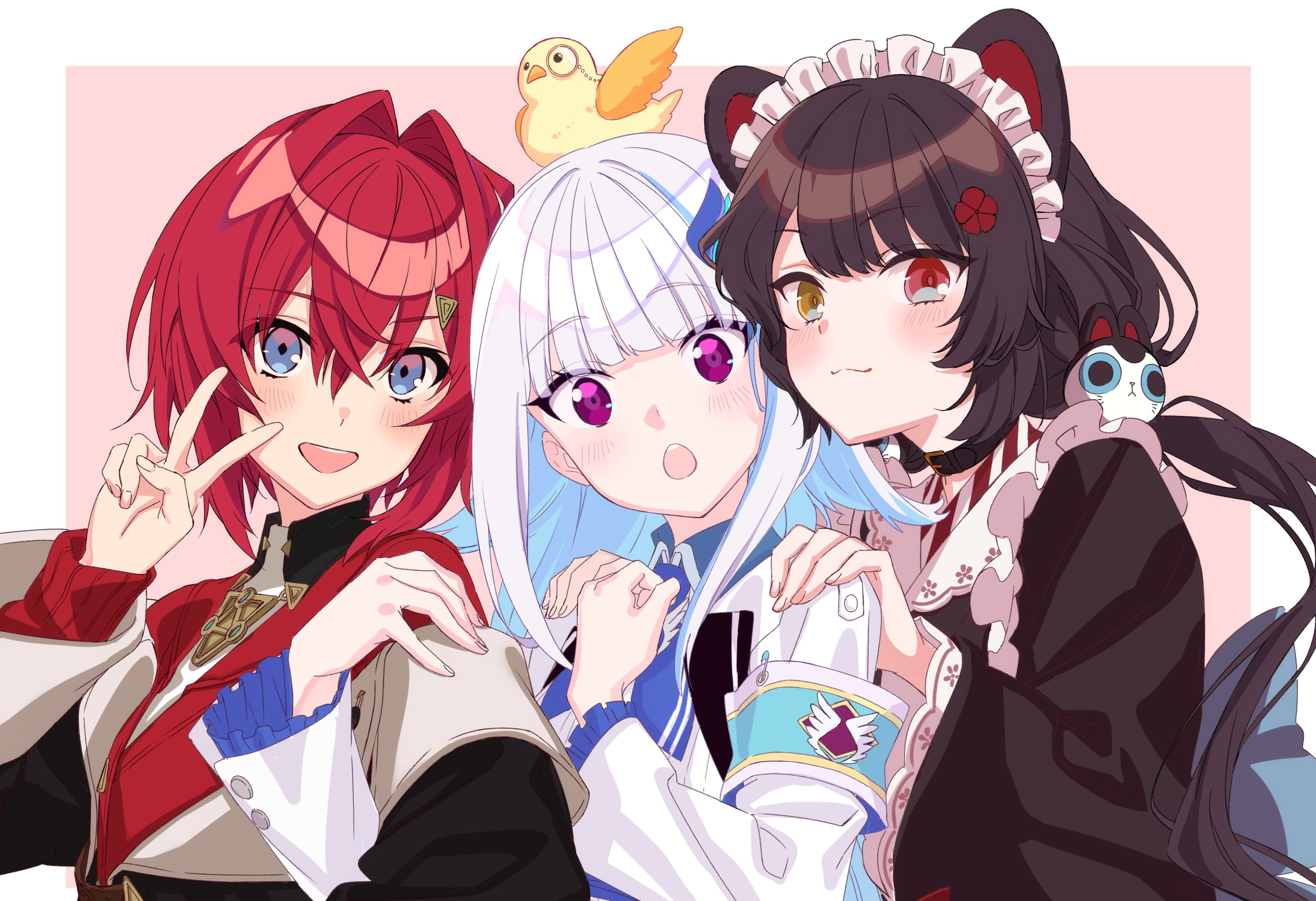 hozumi ayaka, ange katrina, ange katrina (1st costume), inui toko, inui toko (1st costume), lize helesta, lize helesta (1st costume), sebastian piyodore, nijisanji, absurdres, commentary request, highres, 3girls, :3, :d, :o, animal, animal ears, animal hair ornament, animal on head, armband, bird, bird on head, black coat, blue armband, blue eyes, blue hair, blush, border, brown collar, brown hair, brown kimono, cardigan, closed mouth, coat, collar, colored inner hair, crossed bangs, dog ears, flower, frilled sleeves, frills, group picture, hair between eyes, hair flower, hair intakes, hair ornament, hand on another's shoulder, hand up, hands up, heterochromia, jacket, japanese clothes, kimono, locked arms, long bangs, long hair, long sleeves, looking at viewer, maid headdress, medium hair, monocle, multicolored hair, multiple girls, off shoulder, on head, open mouth, outside border, pink background, purple eyes, red cardigan, red eyes, red hair, sanbaka (nijisanji), simple background, smile, split mouth, streaked hair, triangle hair ornament, two-tone hair, upper body, v, virtual youtuber, white border, white hair, white headdress, white jacket, yellow bird, yellow eyes
