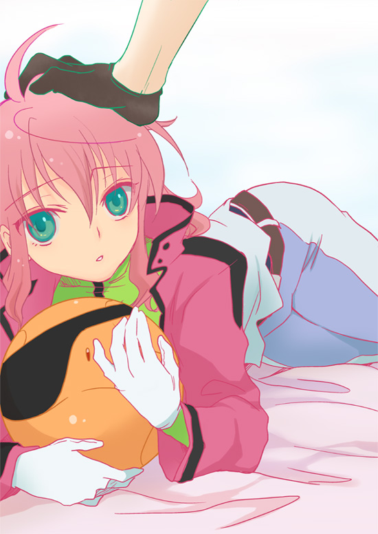 plum (arch), feldt grace, haro, lockon stratos, gundam, gundam 00, 00s, 1girl, eyepatch, gloves, green eyes, headpat, pink hair, solo focus, white gloves