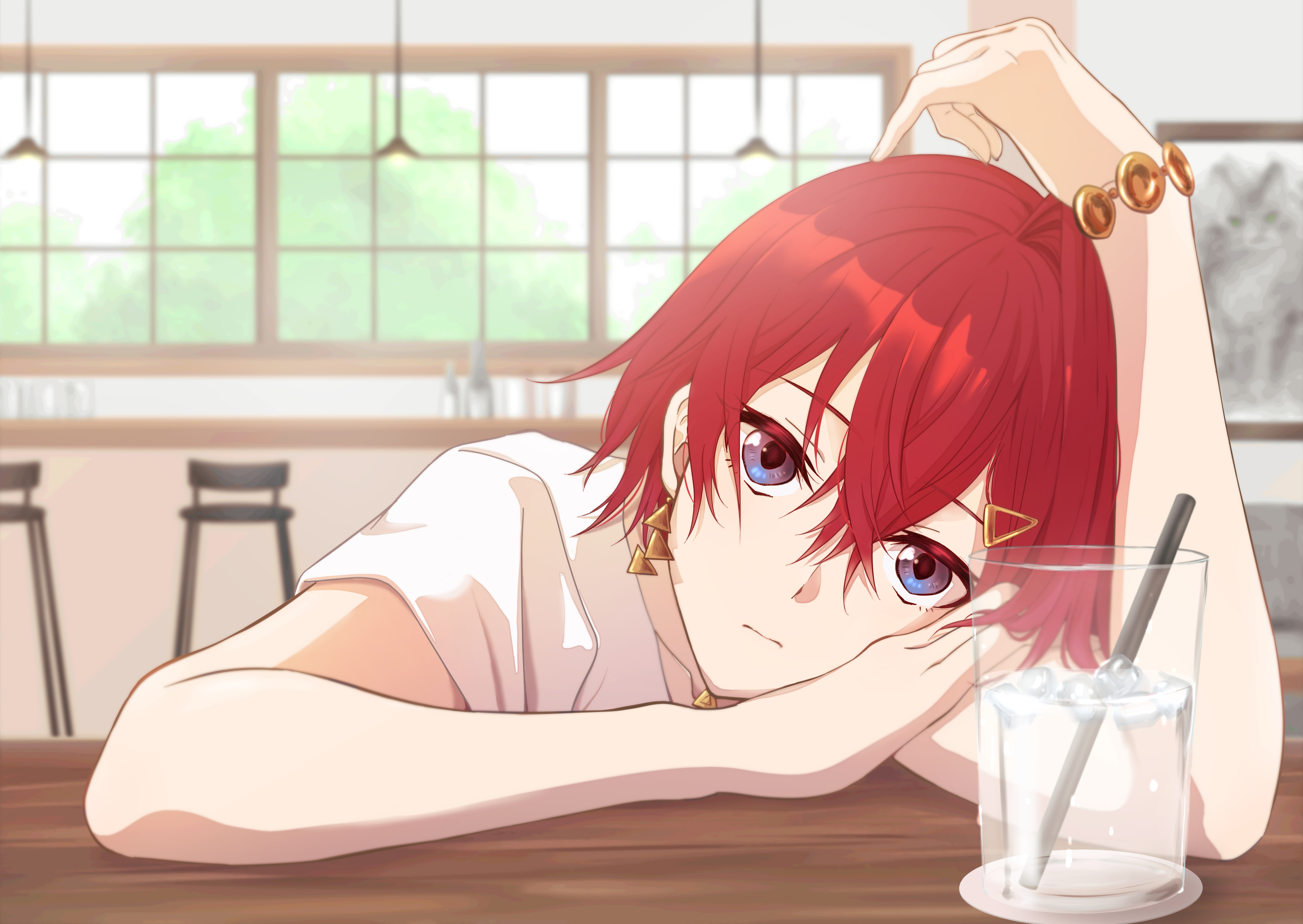 hanekonoe, ange katrina, ange katrina (5th costume), nijisanji, absurdres, bad id, bad twitter id, highres, arm rest, arm up, bare arms, blurry, blurry background, bracelet, closed mouth, coaster, crossed bangs, cup, drink, drinking glass, drinking straw, earrings, elbow rest, gold bracelet, gold earrings, hair between eyes, hair ornament, hairclip, hand on own arm, hand on own cheek, hand on own face, head rest, indoors, jewelry, long bangs, looking at viewer, purple eyes, red hair, shirt, short hair, short sleeves, single hair intake, slouching, table, triangle earrings, triangle hair ornament, tumbler glass, virtual youtuber, white shirt, wooden table