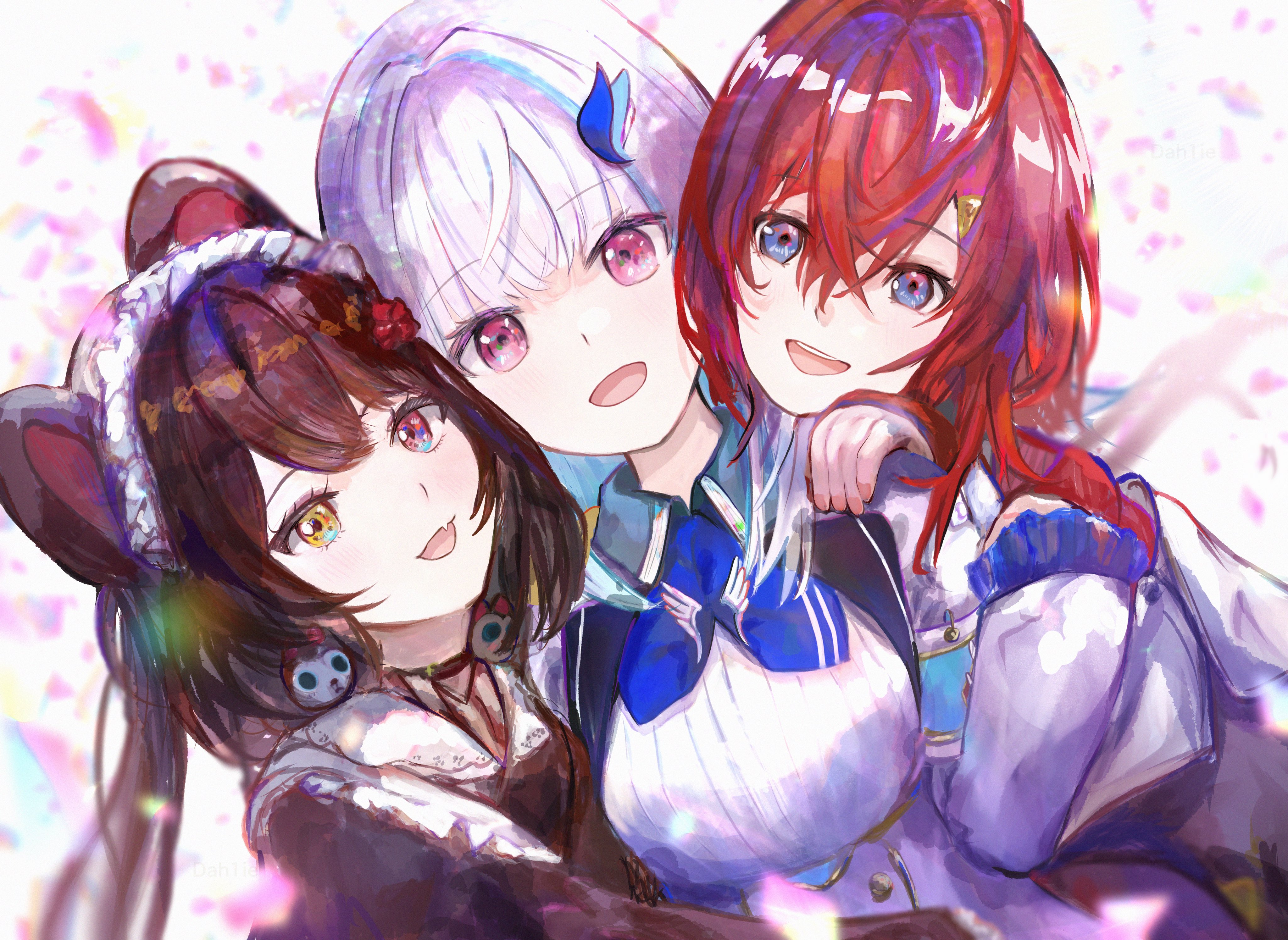 dah1ie, ange katrina, ange katrina (1st costume), inui toko, inui toko (1st costume), lize helesta, lize helesta (1st costume), nijisanji, absurdres, commentary, highres, symbol-only commentary, 3girls, :d, animal ears, animal hair ornament, blue eyes, blue hair, blue neckerchief, brown hair, brown kimono, collared shrug, colored inner hair, dog ears, dutch angle, eyelashes, fang, flower, group picture, hair between eyes, hair flower, hair ornament, hand on another's shoulder, hand up, head on another's shoulder, head rest, heterochromia, hug, japanese clothes, kimono, light blush, long bangs, long hair, looking at viewer, maid headdress, multicolored hair, multiple girls, neckerchief, open mouth, purple eyes, red eyes, red hair, sanbaka (nijisanji), shirt, shrug (clothing), skin fang, smile, streaked hair, two-tone hair, virtual youtuber, waist hug, white background, white hair, white headdress, white shirt, white shrug, yellow eyes