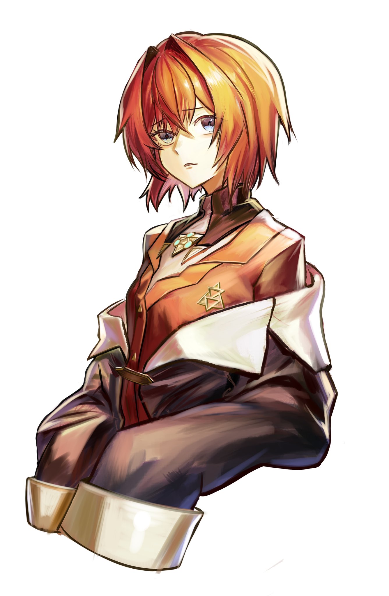 bob (kakikak80918129), ange katrina, ange katrina (1st costume), nijisanji, commentary request, highres, 1girl, black coat, blue eyes, breasts, cardigan, coat, cropped torso, crossed bangs, hair intakes, looking at viewer, medium hair, multicolored eyes, off shoulder, parted lips, purple eyes, red cardigan, red hair, simple background, sleeves past fingers, sleeves past wrists, small breasts, solo, two-tone eyes, virtual youtuber, white background